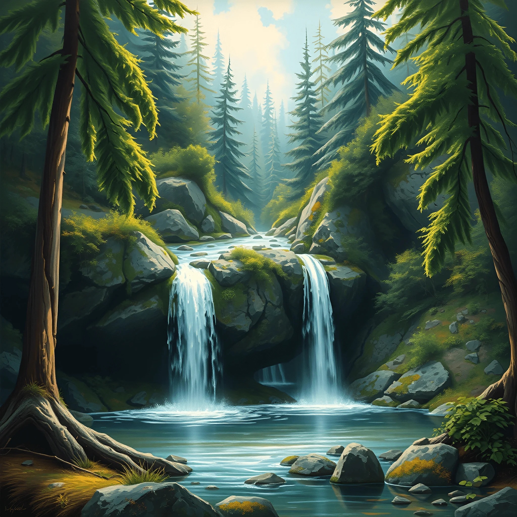 Forest Waterfall Landscape Illustration - Free Download - AI Scribbles