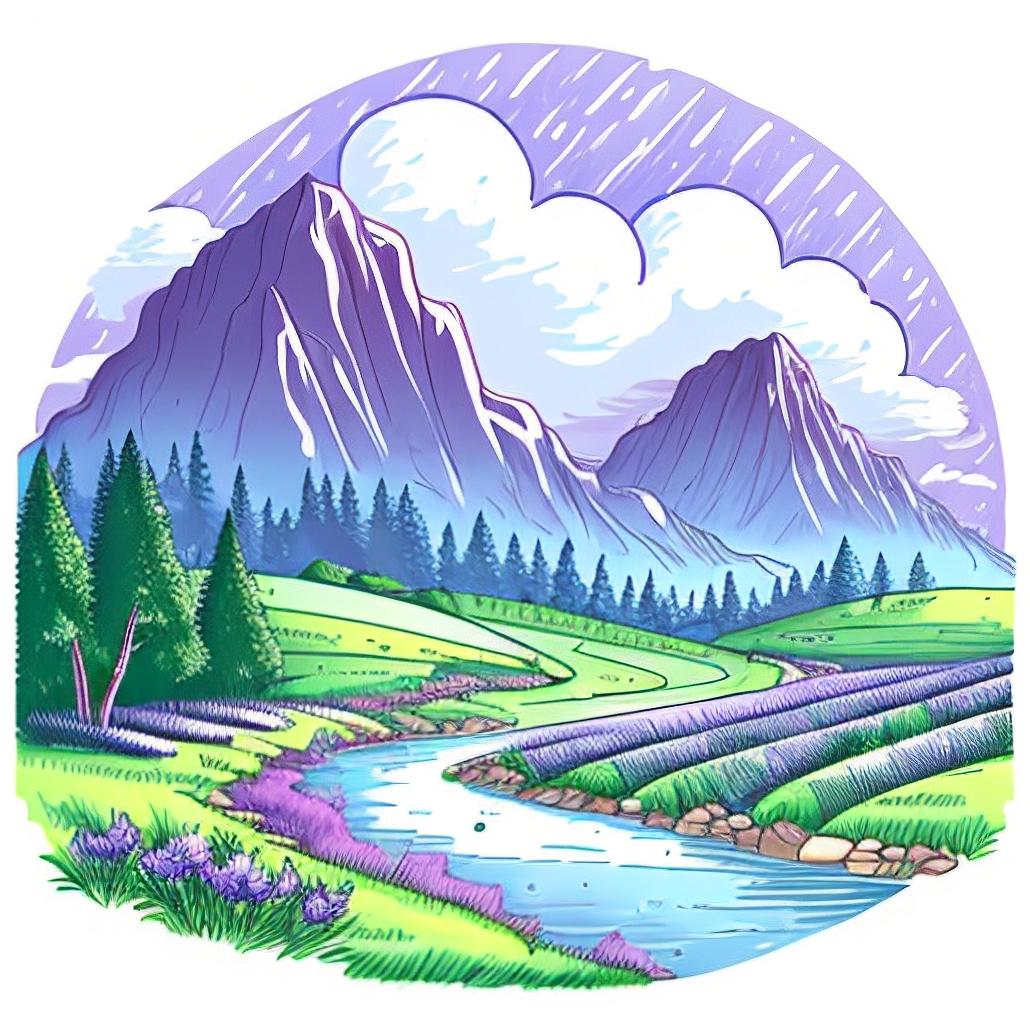 a drawing of a mountain landscape with a river and trees