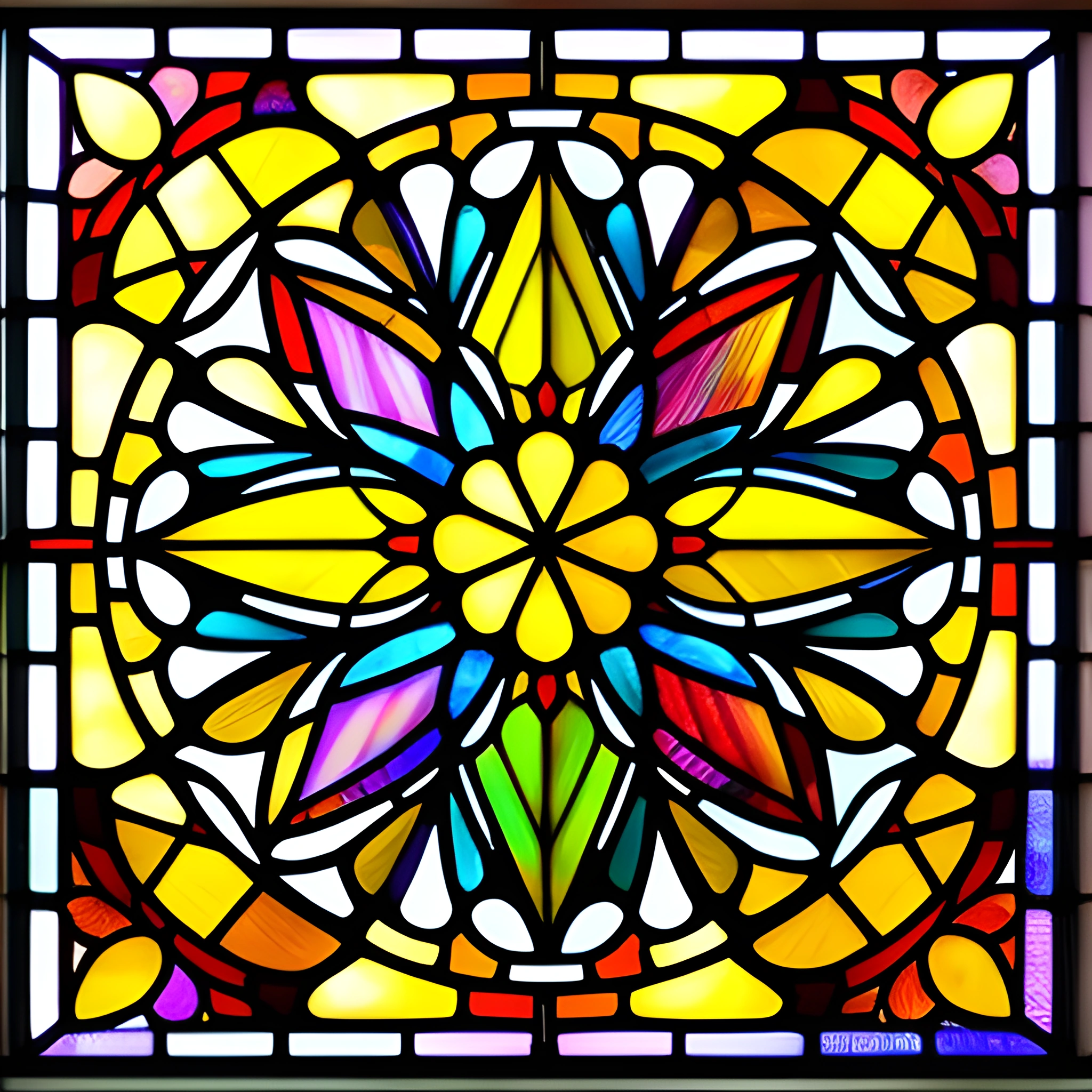 a close up of a stained glass window with a flower in it