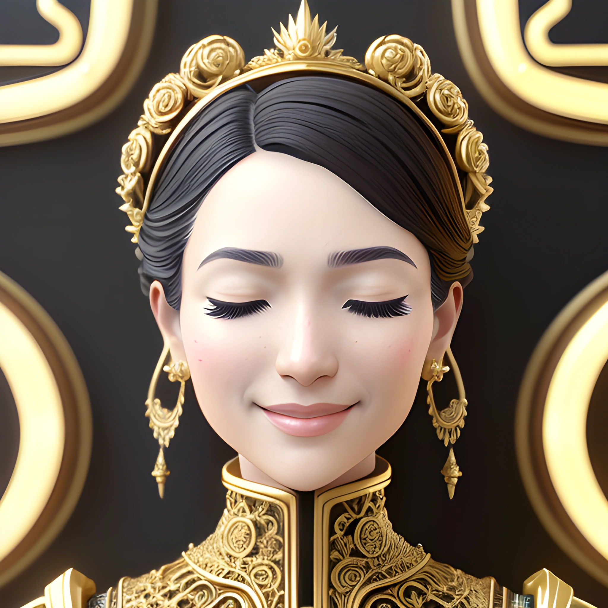 a woman with a gold headpiece and a black background