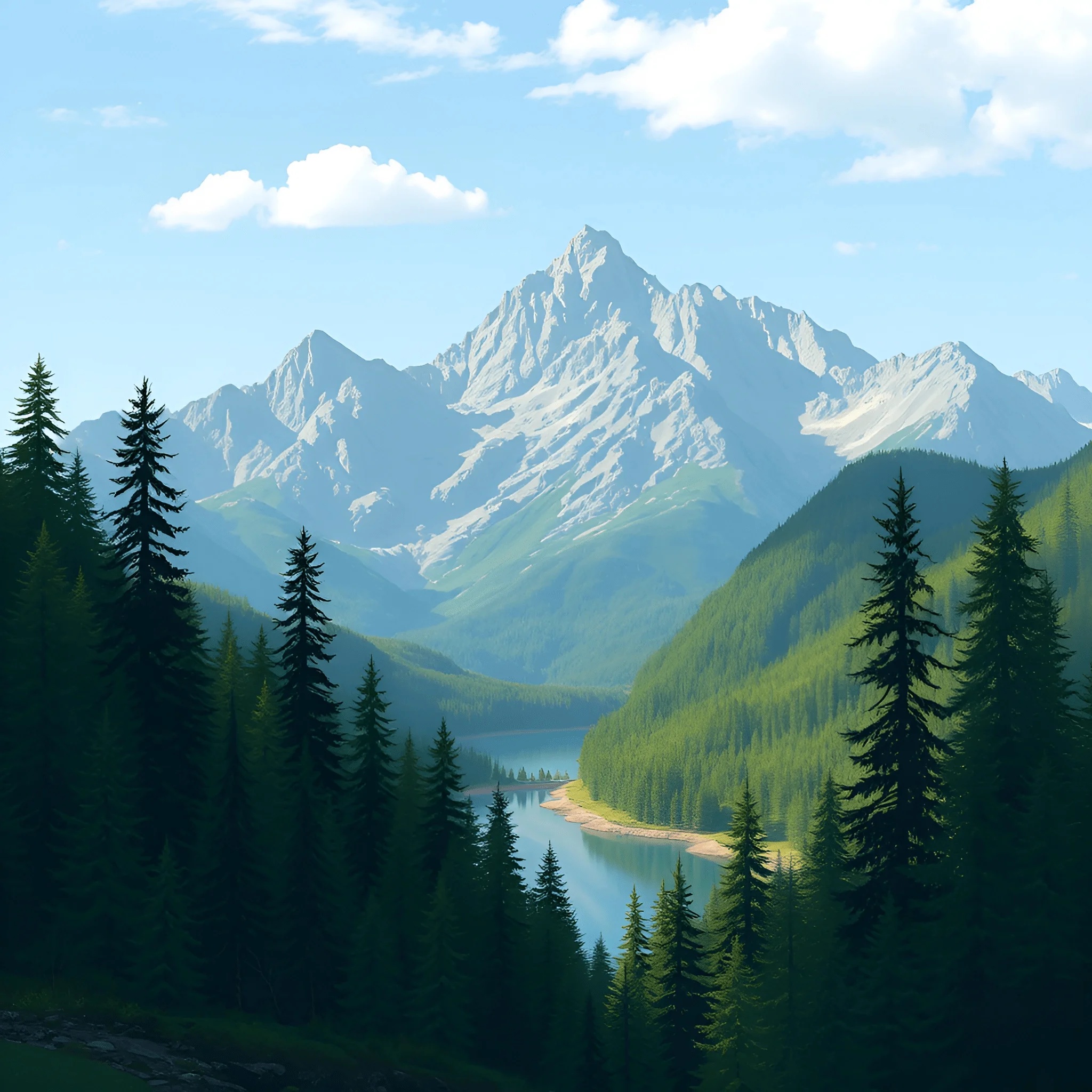 Mountain Landscape with River and Pine Trees - Free Download - AI Scribbles