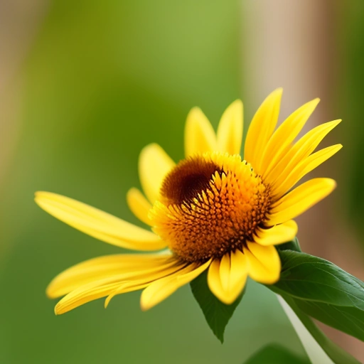 a yellow flower with a brown center on a green stem
