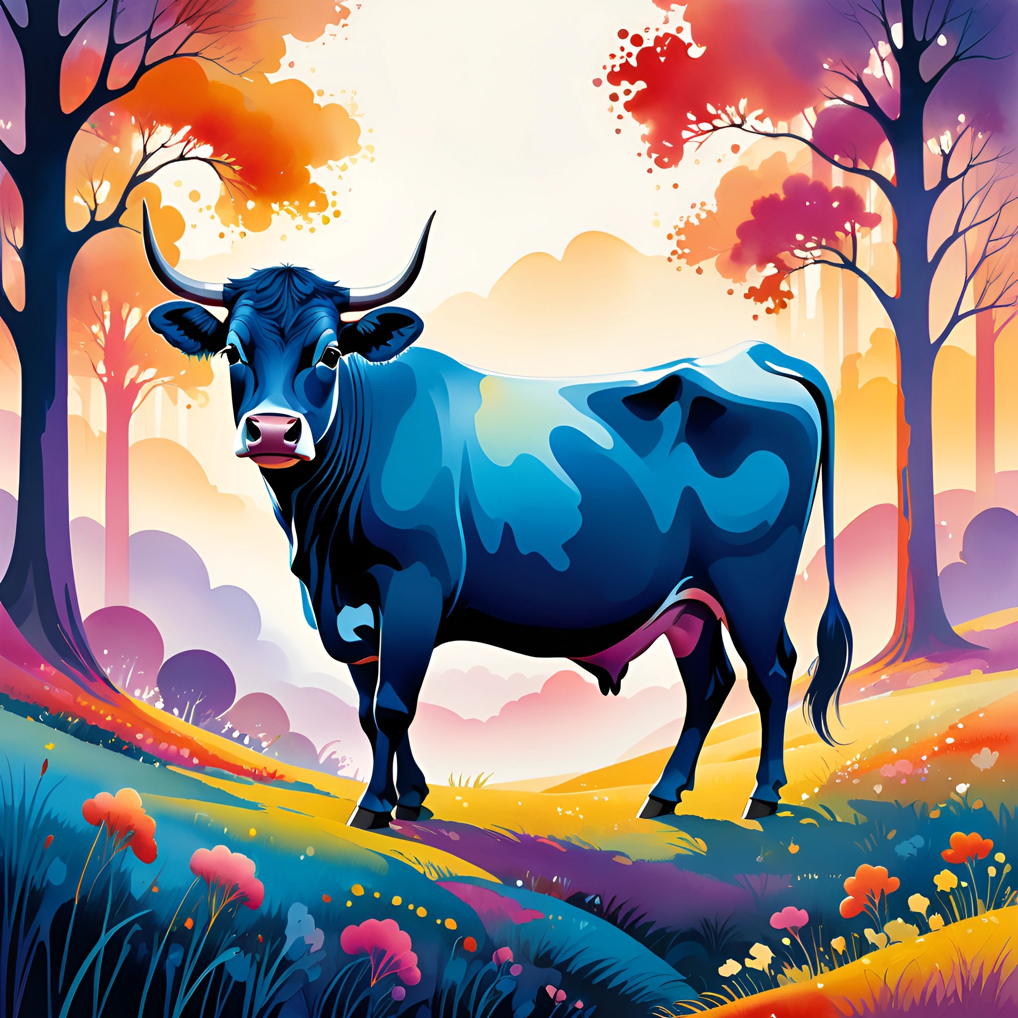 Cow Colorful Vibrant Cow in a Colorful Landscape - Free Download - AI Scribbles