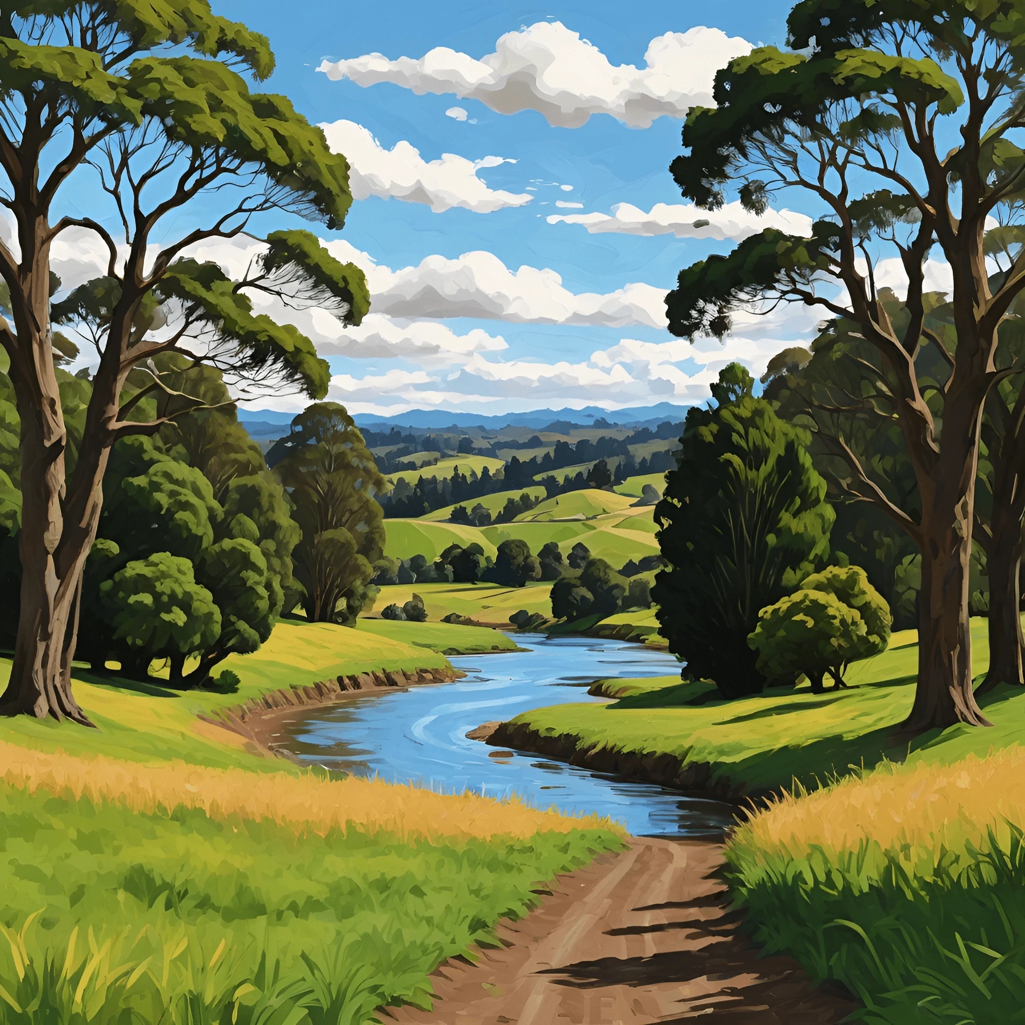Serene Countryside Landscape with River - Free Download - AI Scribbles
