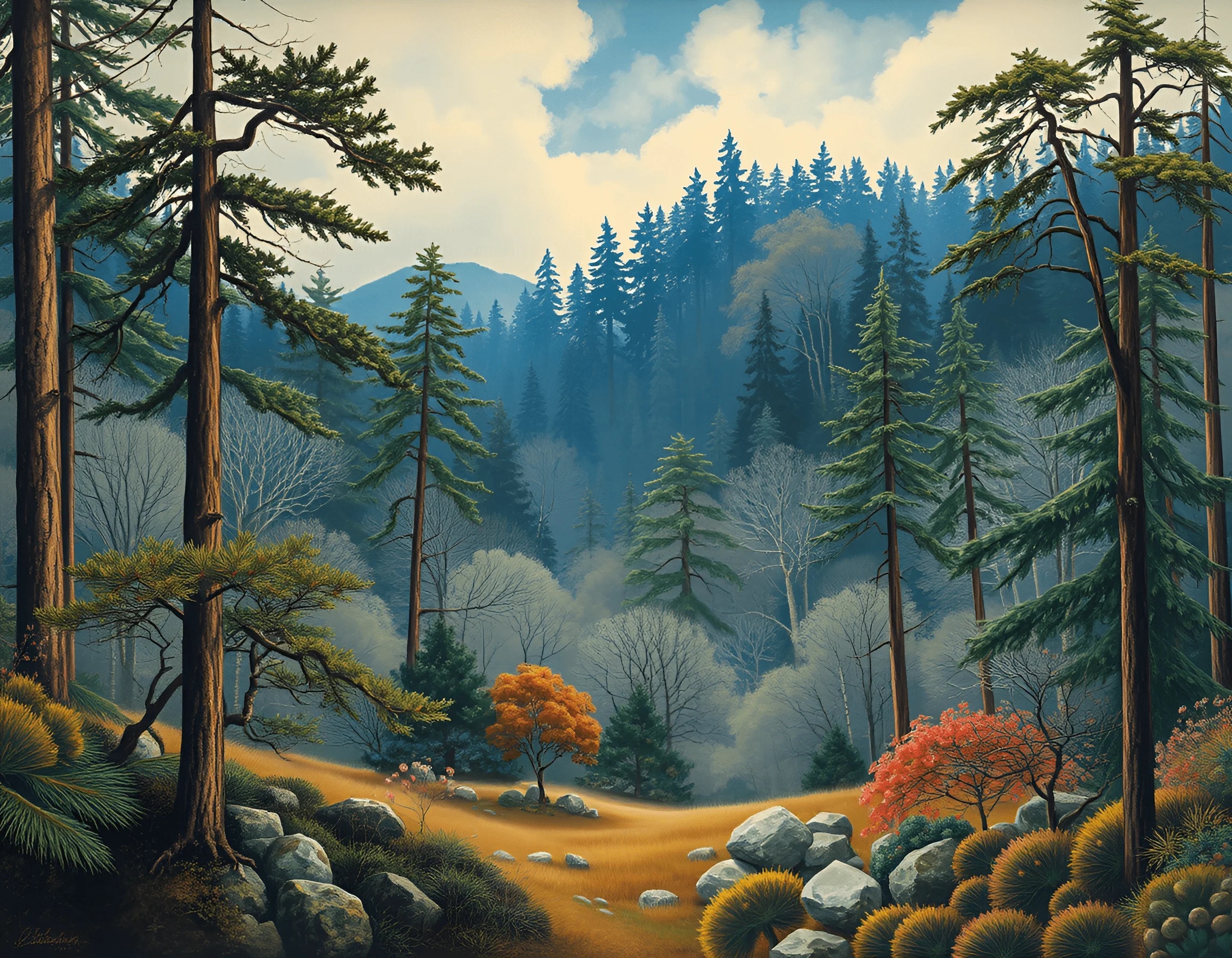 Lush Mountain Landscape with Pine Trees - Free Download - AI Scribbles