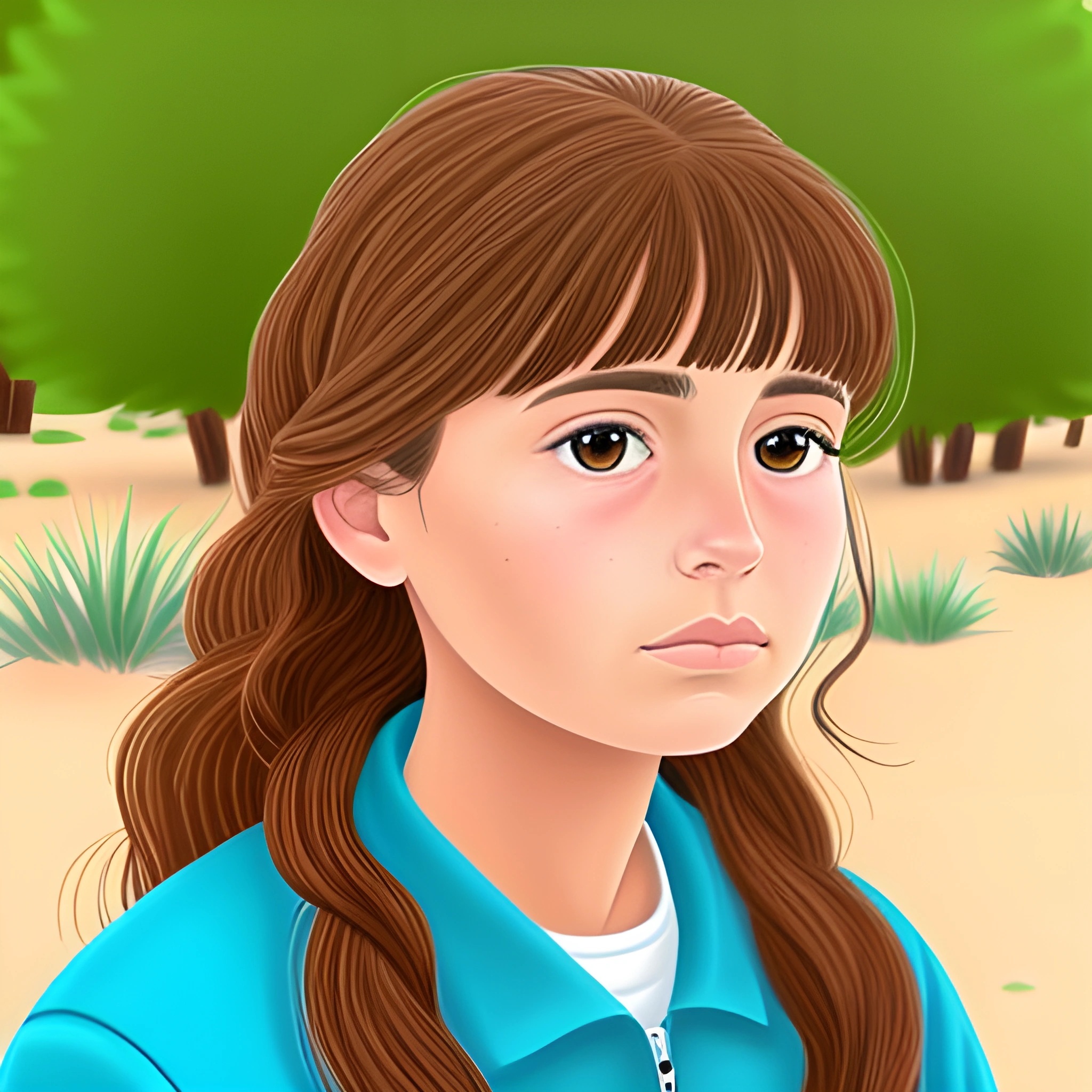 cartoon girl with long brown hair and blue shirt in a desert area
