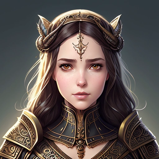 a woman in armor with horns and a crown on her head