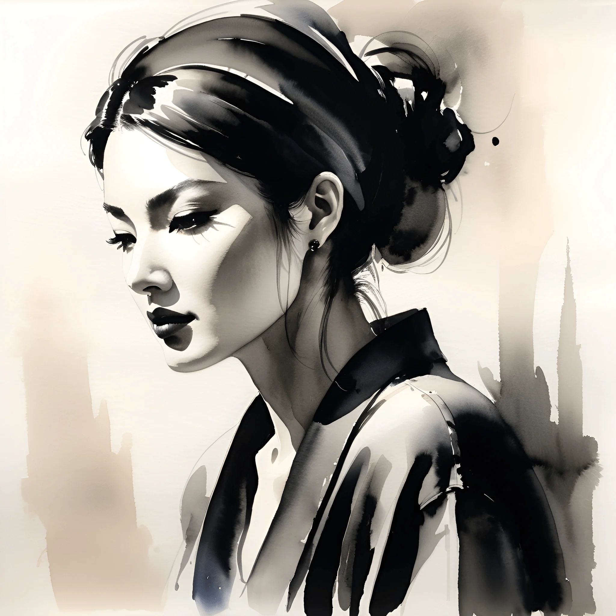 Woman Apple Ink Japanese Woman Portrait in Ink Style - Free Download - AI Scribbles