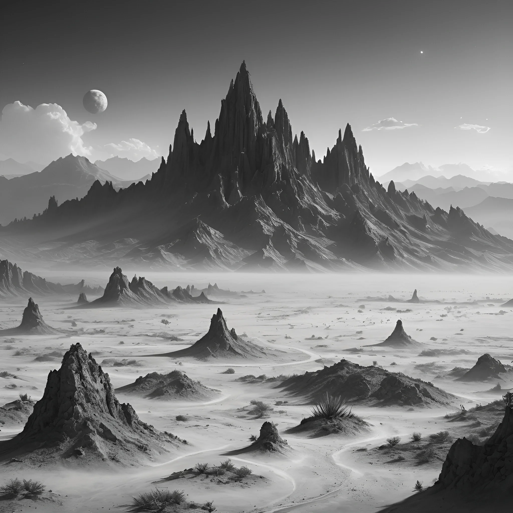 Monochrome Alien Landscape with Tall Peaks - Free Download - AI Scribbles