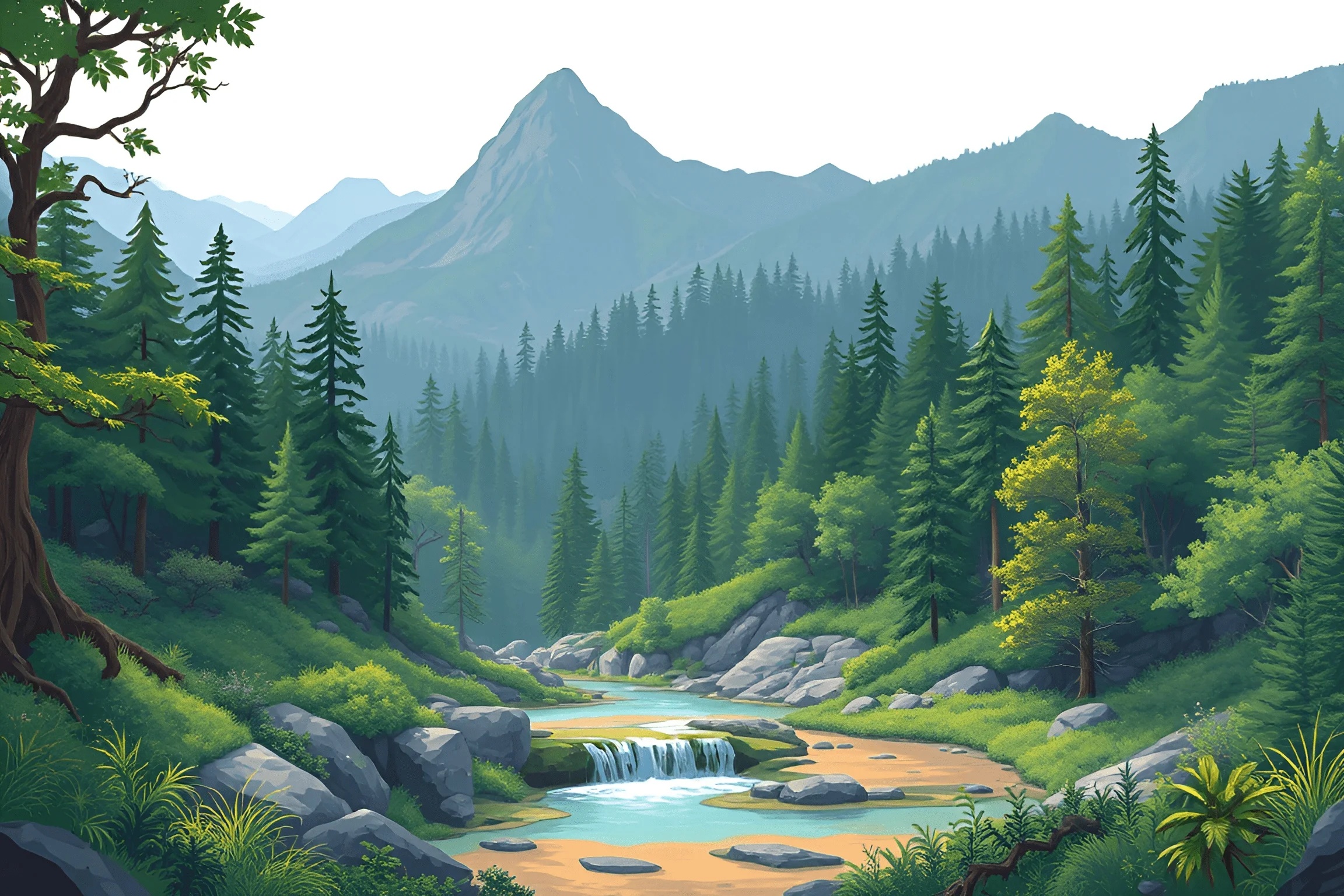Mountain Stream and Pine Forest Landscape Illustration - Free Download ...