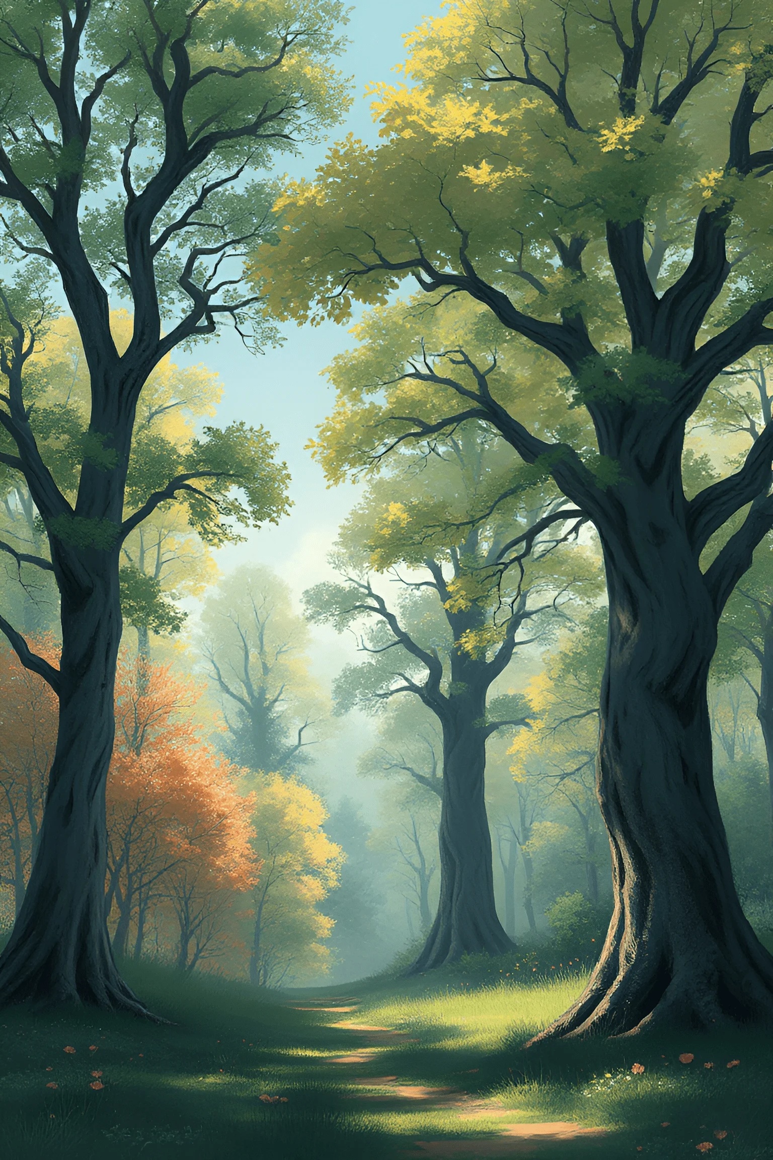 Sunlit Forest Path with Towering Trees - Free Download - AI Scribbles