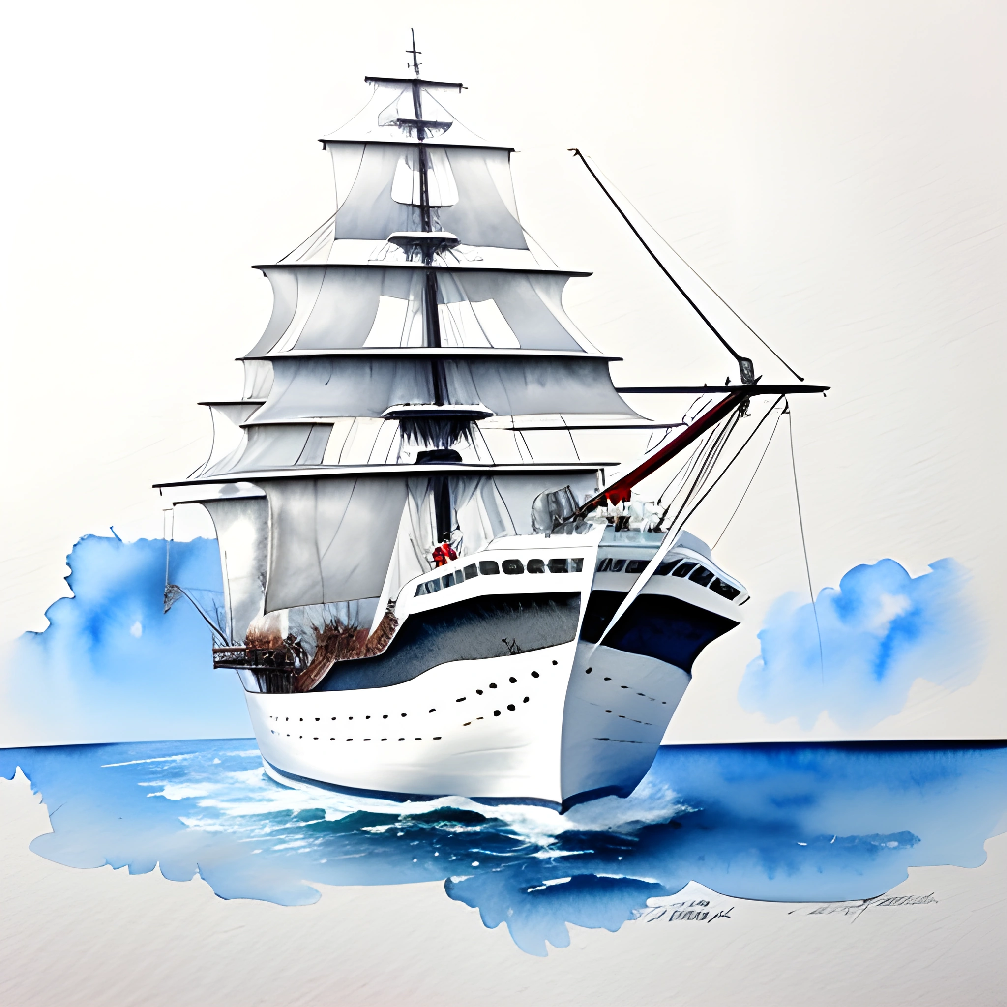 painting of a large white ship in the ocean with a blue sky