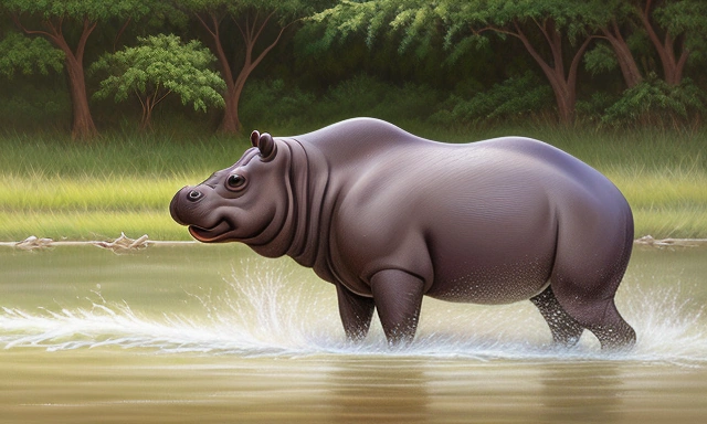 painting of a hippo in the water with trees in the background