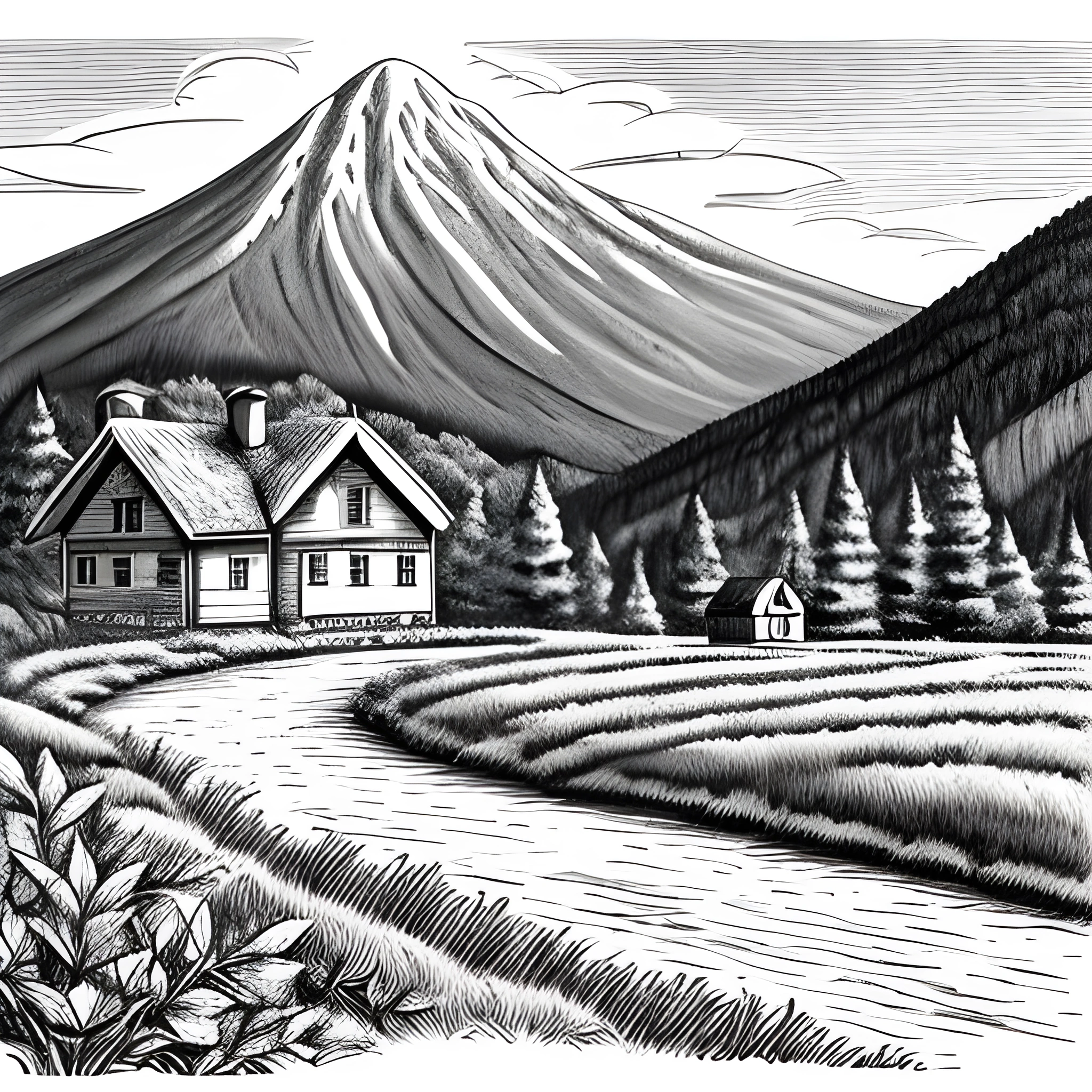 a black and white drawing of a house in a mountain valley