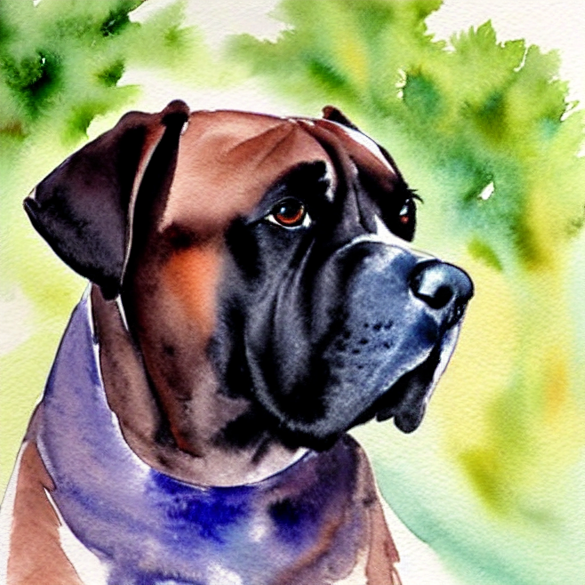 painting of a dog with a collar and a blue collar