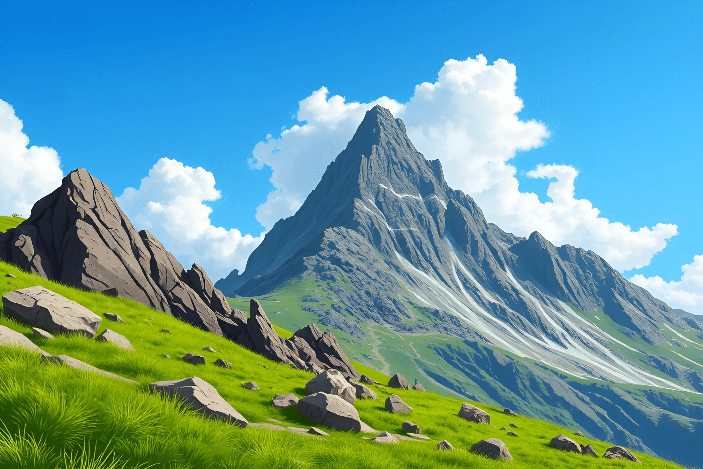 Mountain Peak with Green Meadow Landscape - Free Download - AI Scribbles