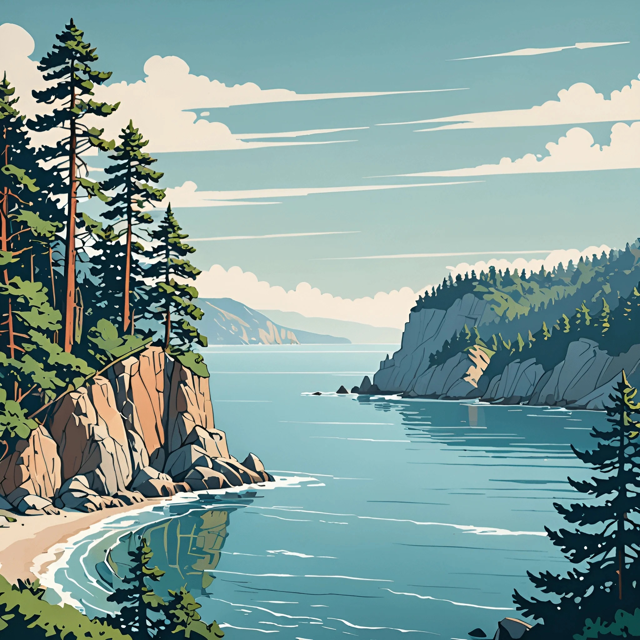 Serene Coastal Landscape with Pine Trees - Free Download - AI Scribbles