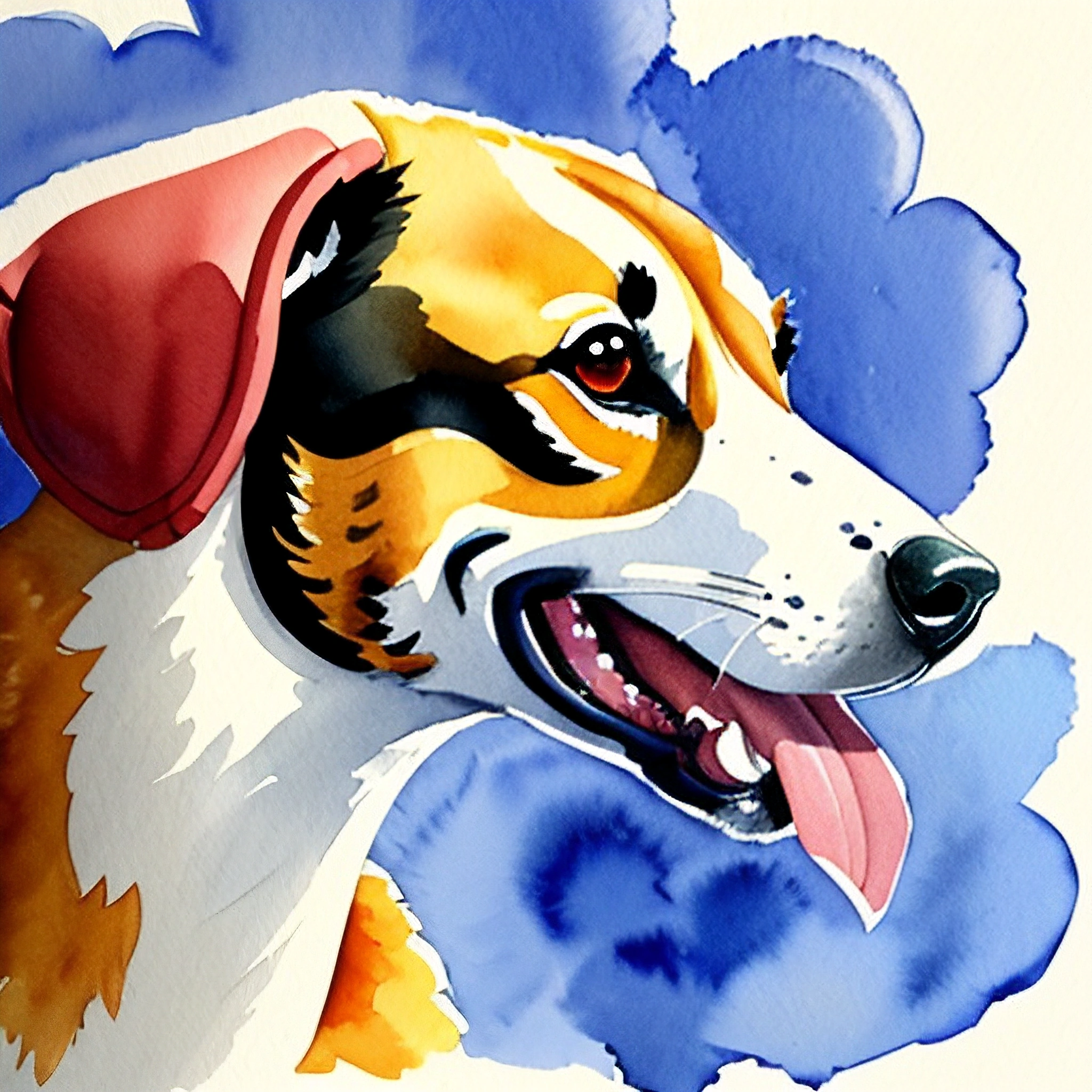 painting of a dog with a red hat on his head