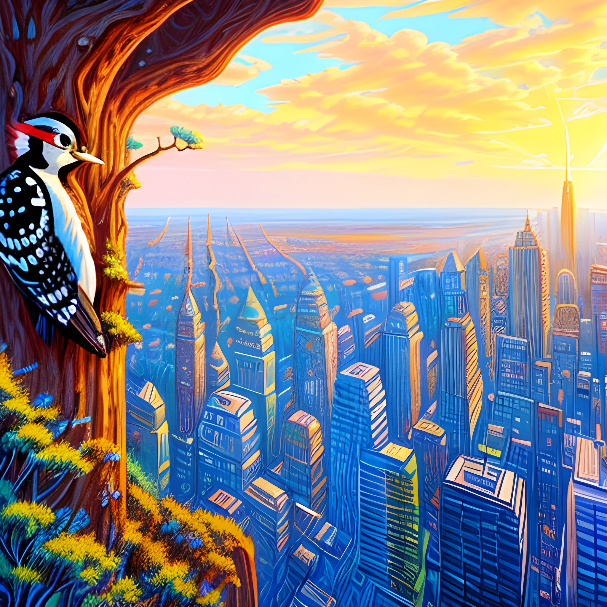 painting of a bird perched on a tree in front of a city