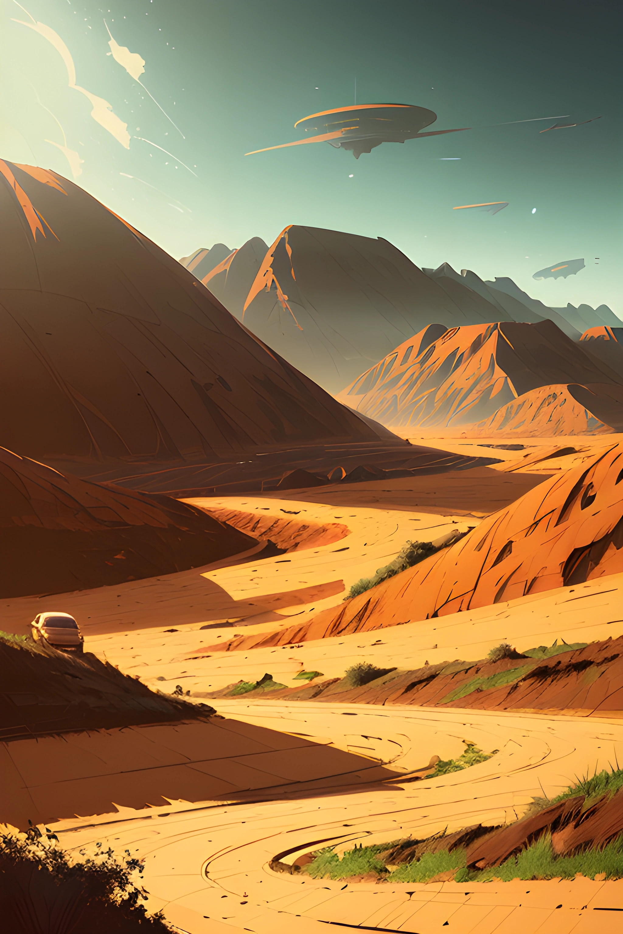 a car driving through a desert with mountains in the background
