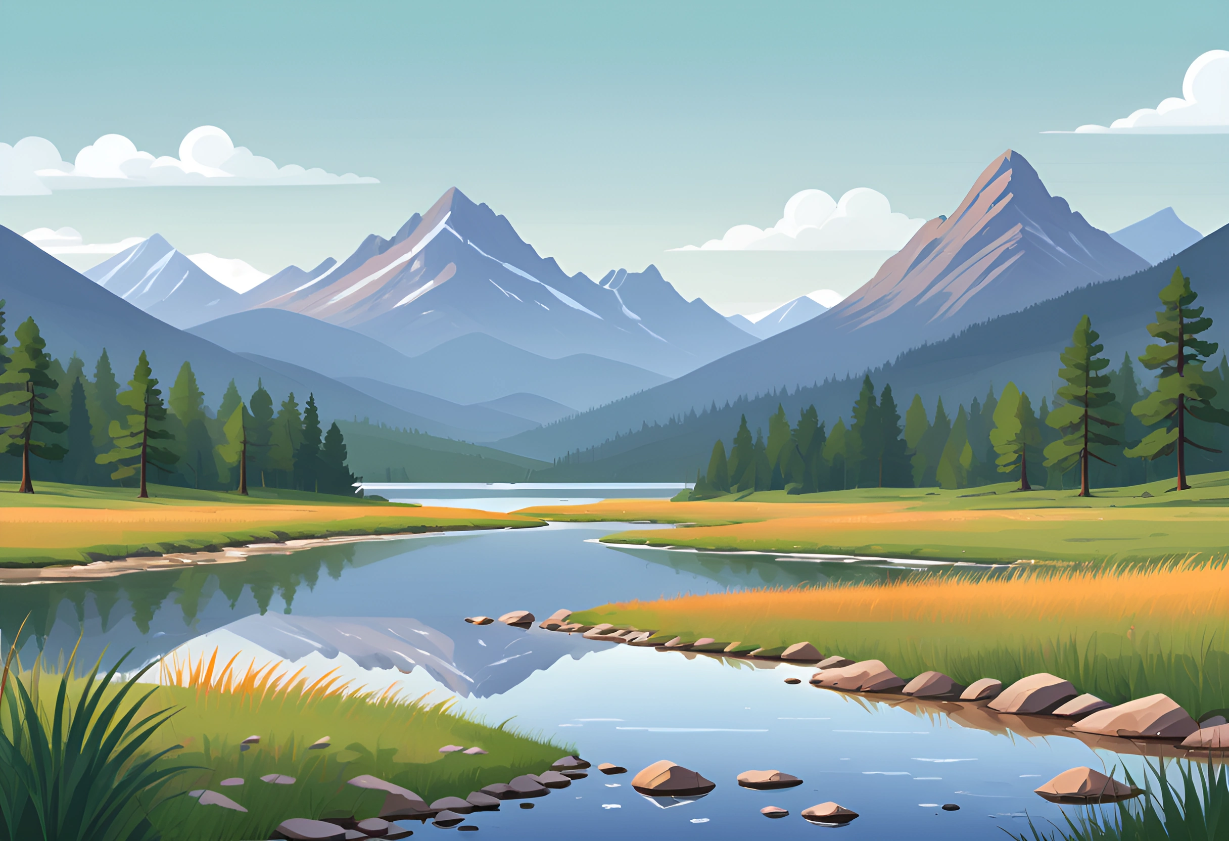 Serene Mountain Landscape with River - Free Download - AI Scribbles