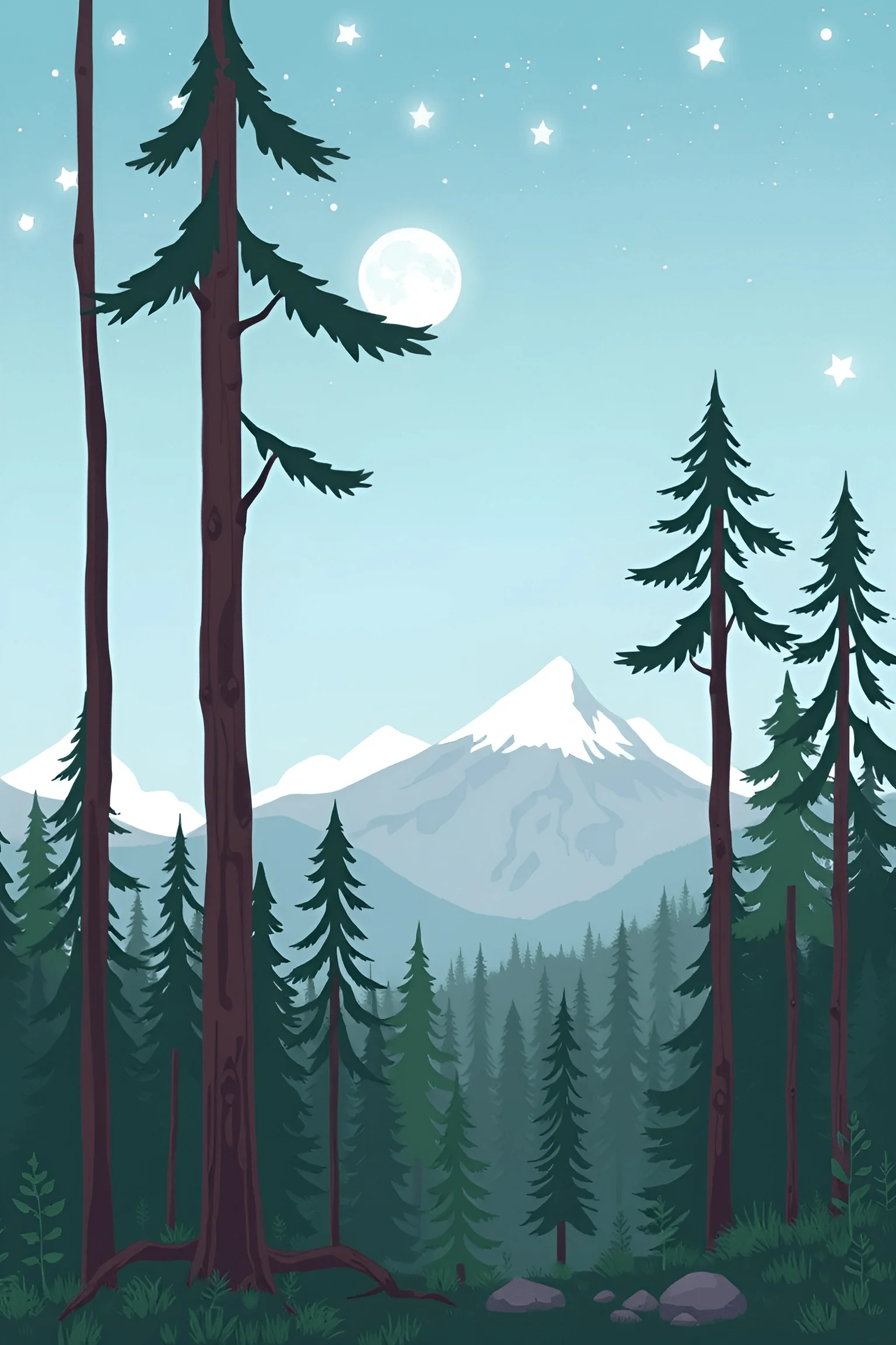 Nighttime Mountain Forest Landscape Illustration - Free Download - AI ...