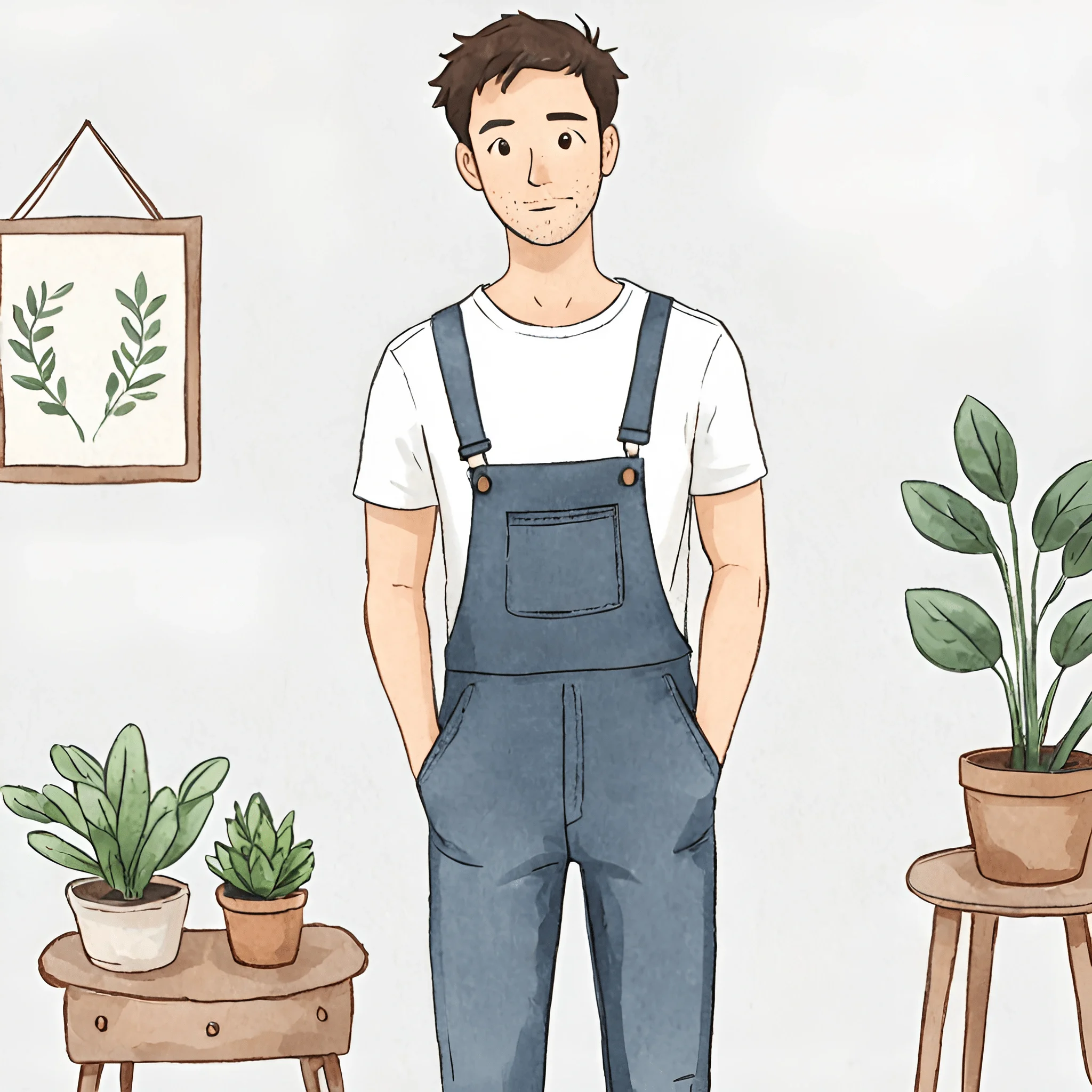 Young Man in Denim Overalls Surrounded by Indoor Plants - Free Download ...