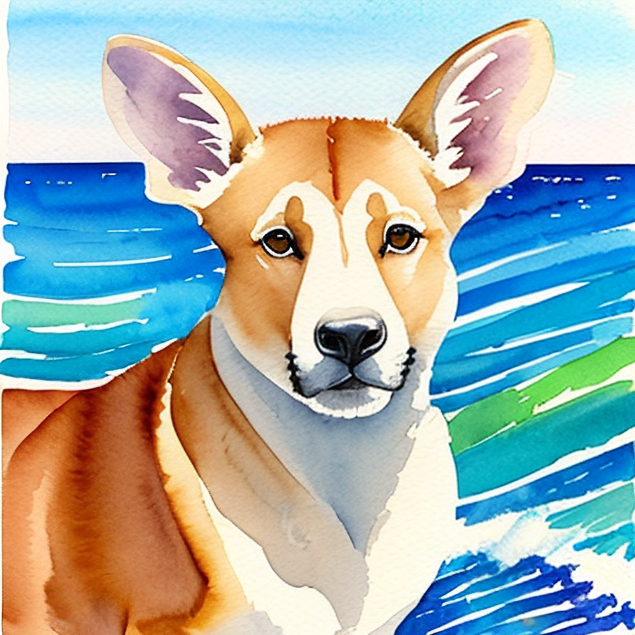 painting of a dog on a beach with a blue ocean in the background