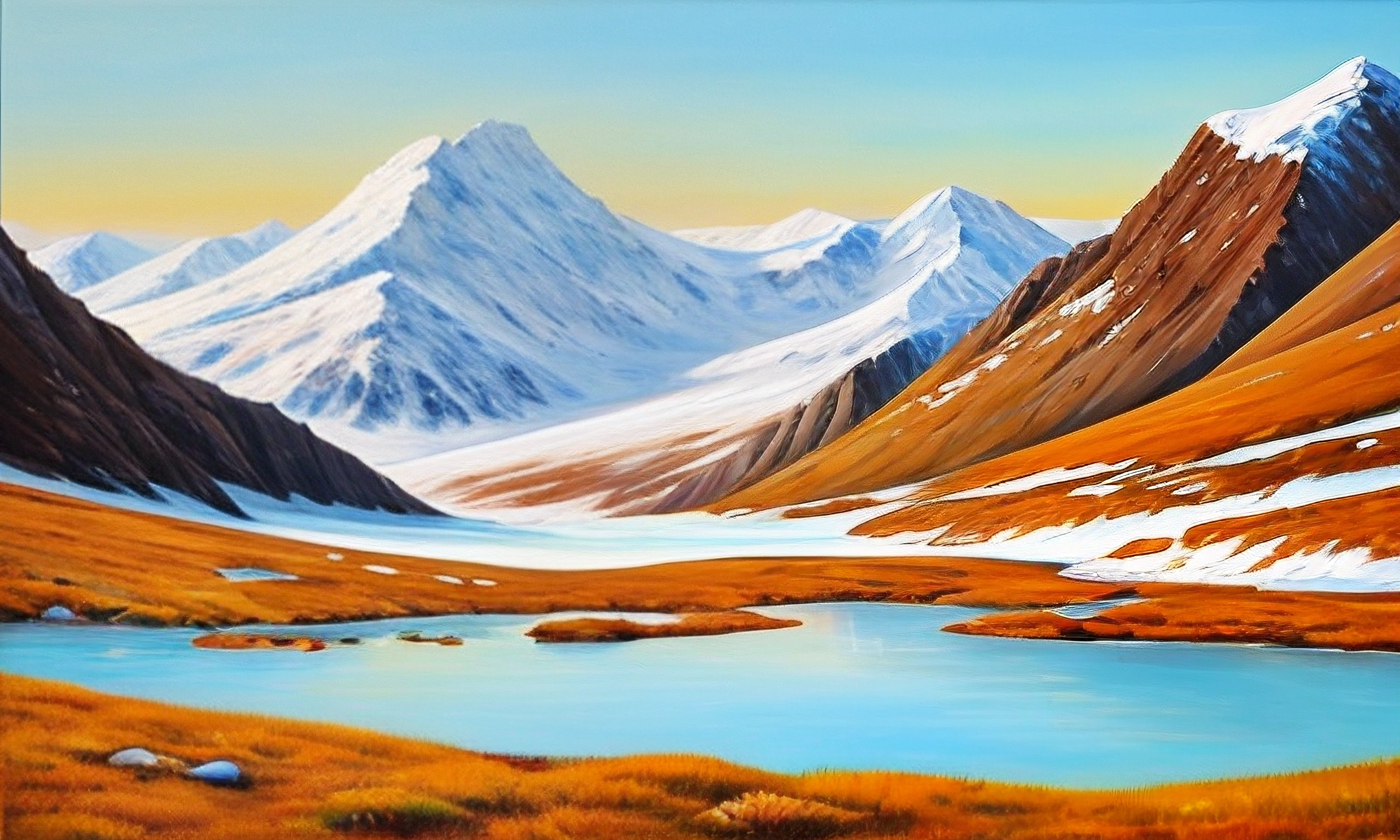 painting of a mountain landscape with a lake and snow covered mountains
