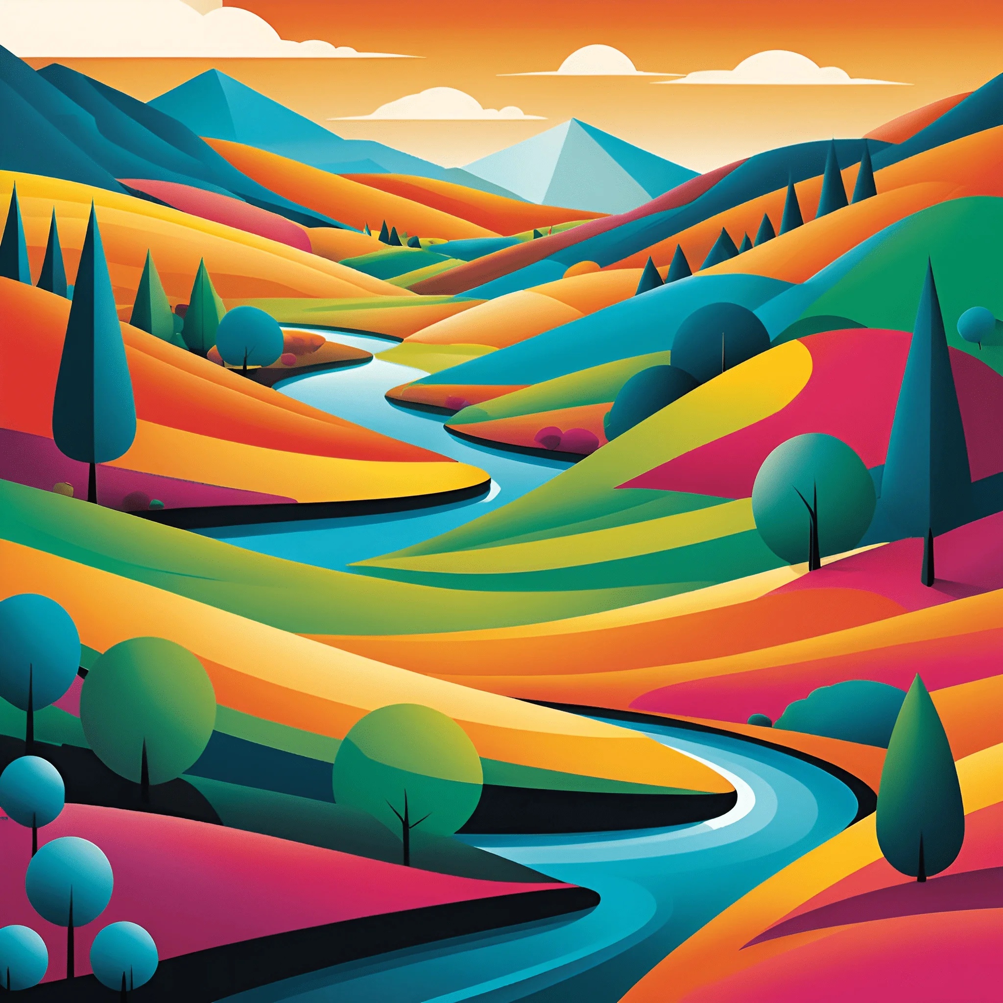 Vibrant Hills and River Landscape - Free Download - AI Scribbles
