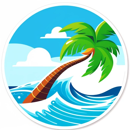 a round sticker with a palm tree and waves in the ocean