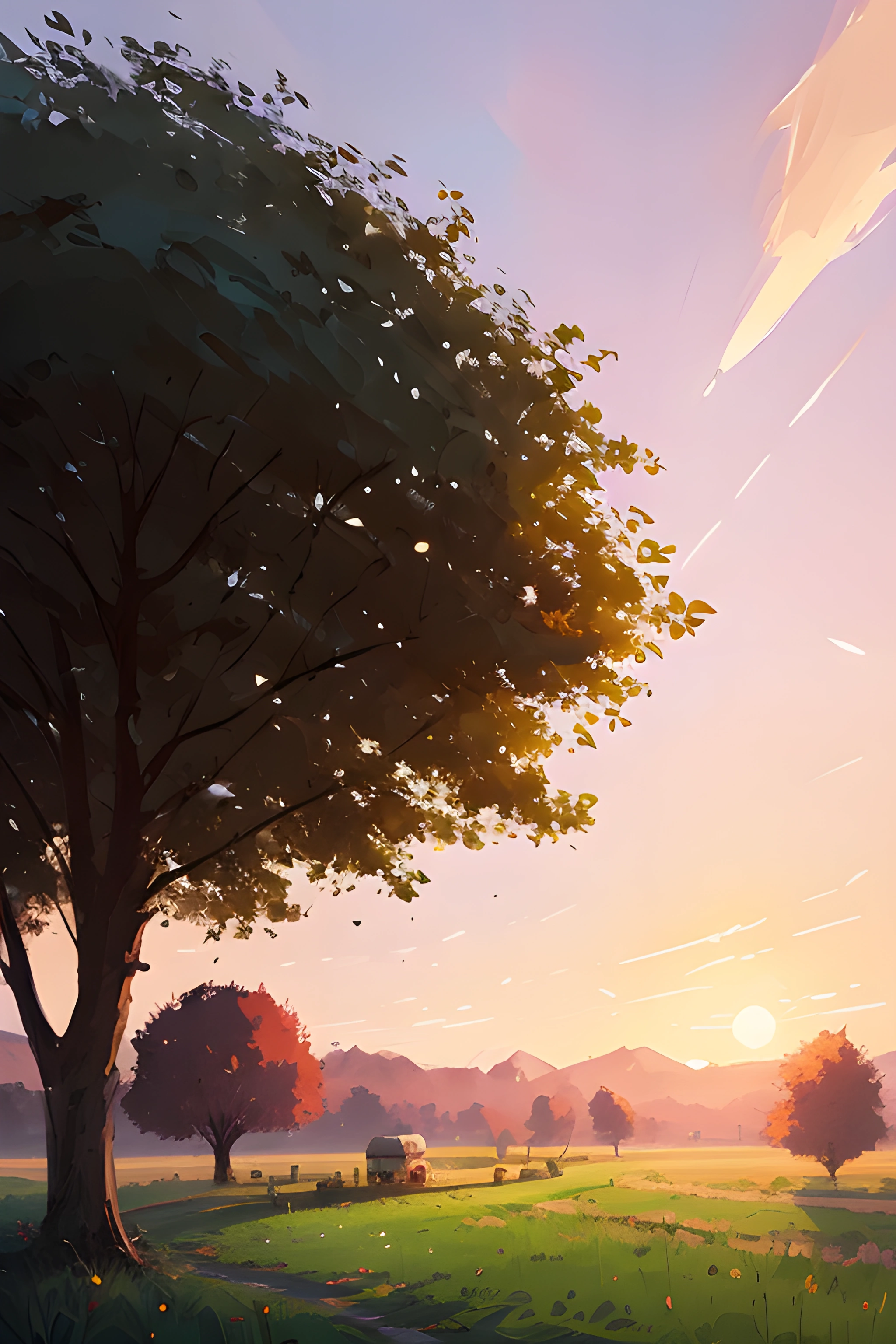 a painting of a tree in a field with a sunset