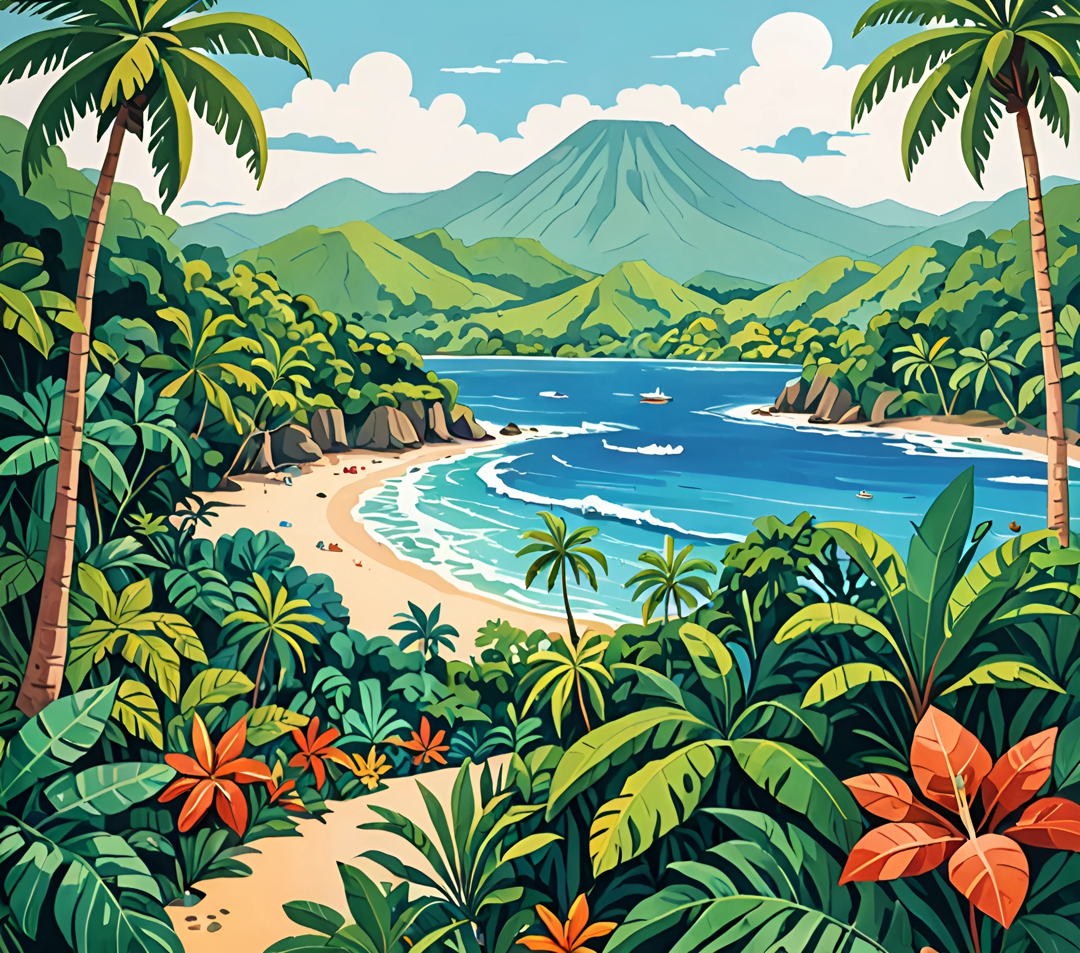 Tropical Paradise Landscape Illustration - Free Download - AI Scribbles