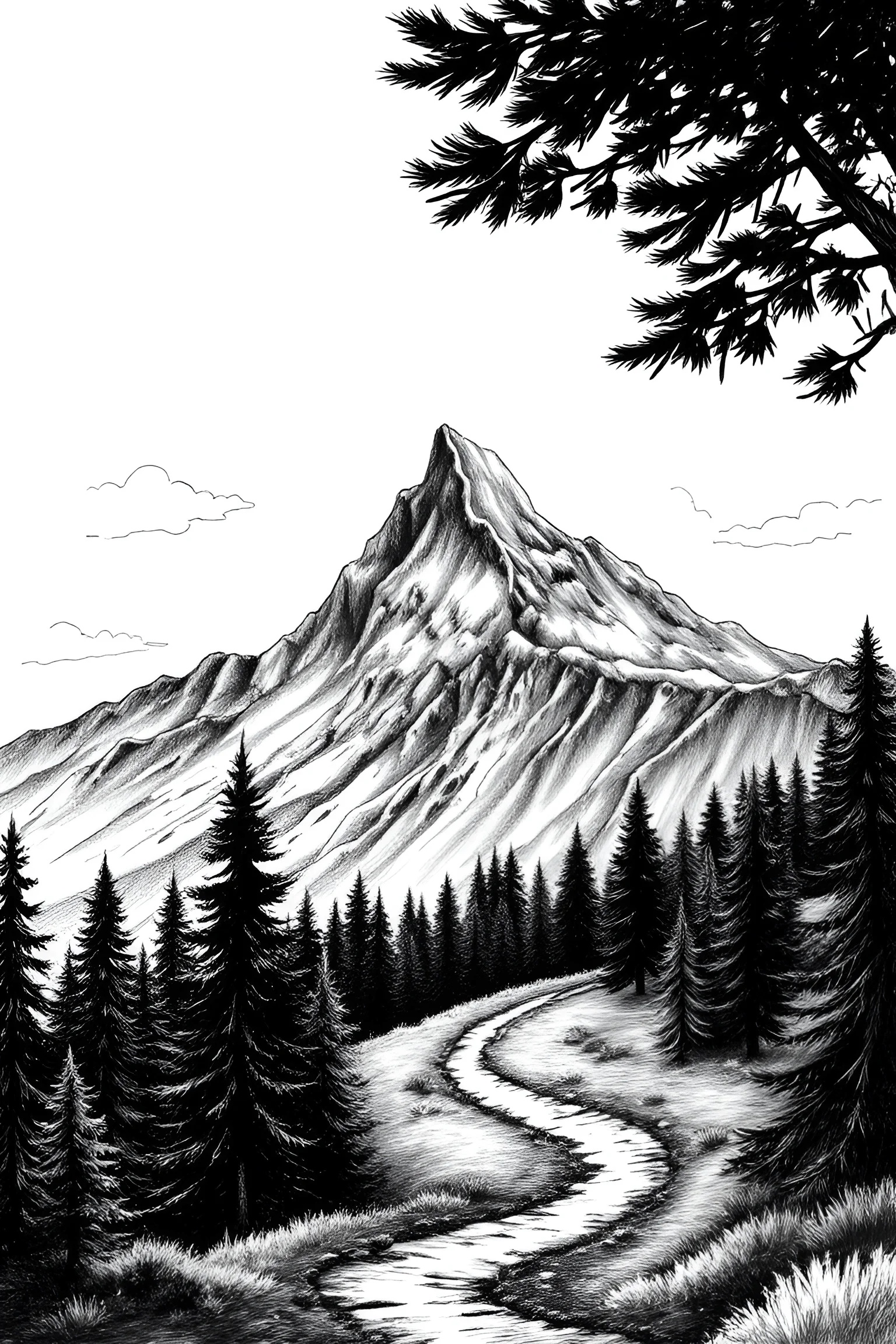 Black and White Mountain Landscape Drawing - Free Download - AI Scribbles
