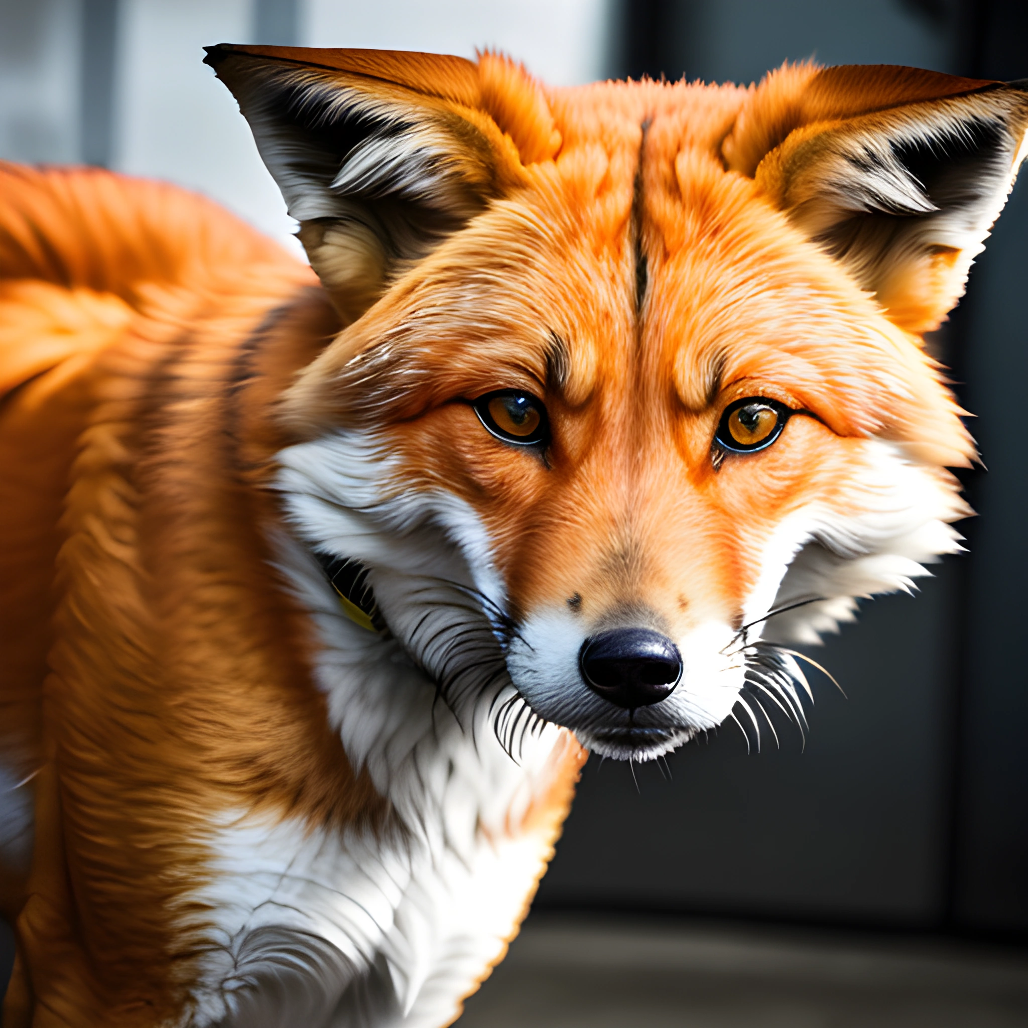 a close up of a red fox with a collar