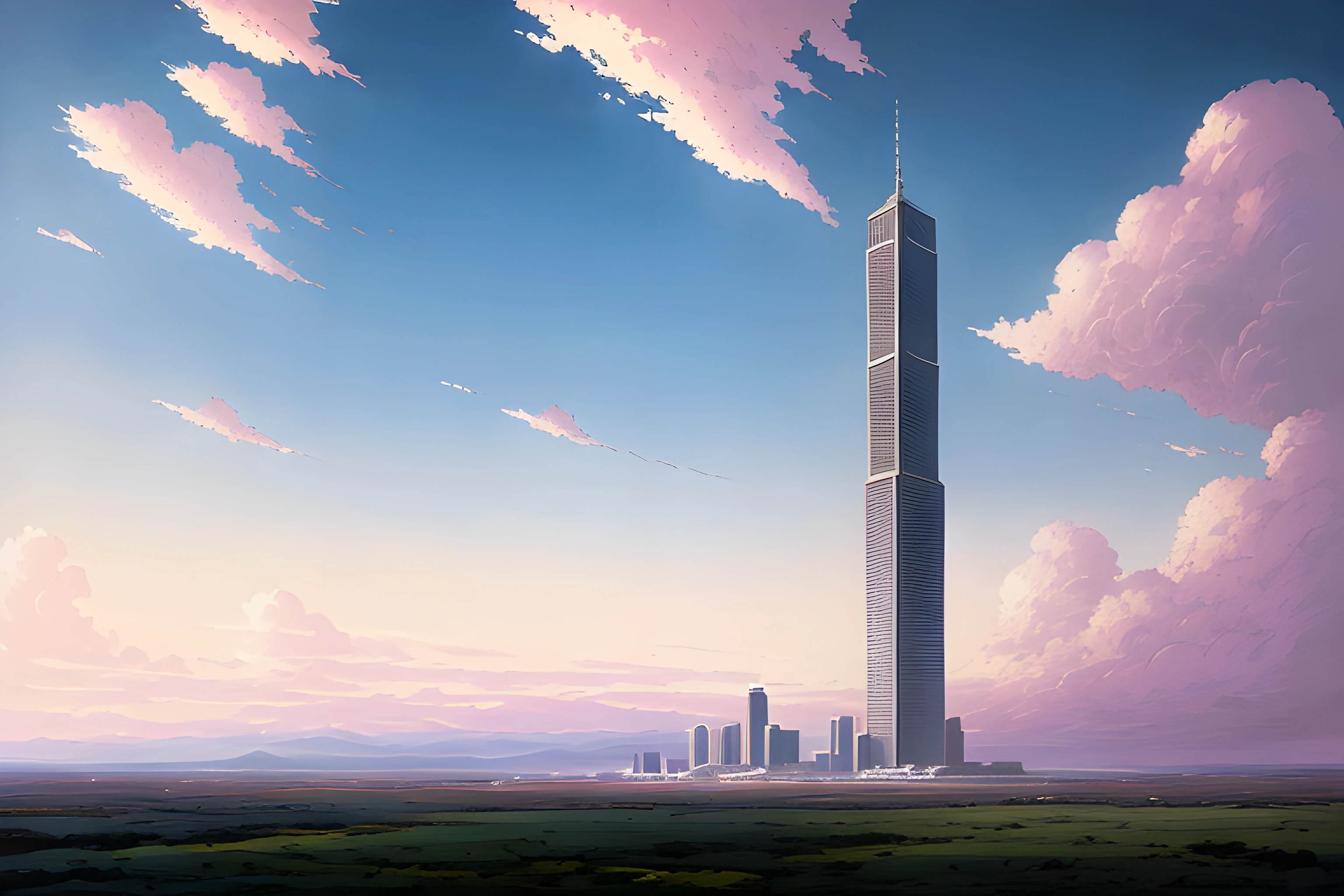 anime - style painting of a tall skyscraper with a sky background