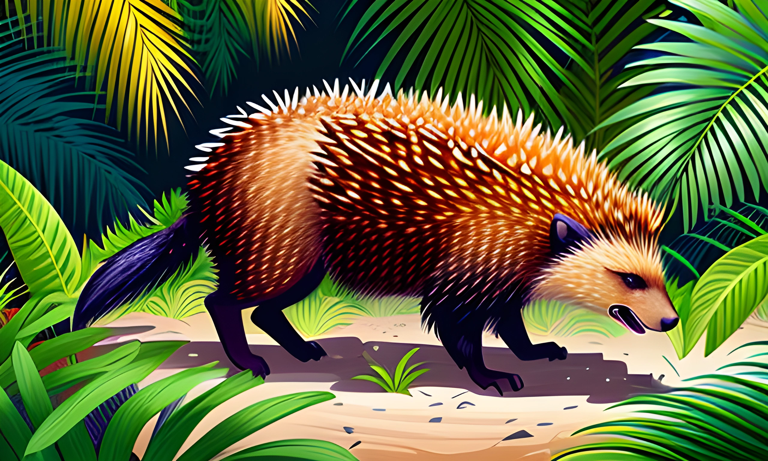 illustration of a porcupine walking through the jungle