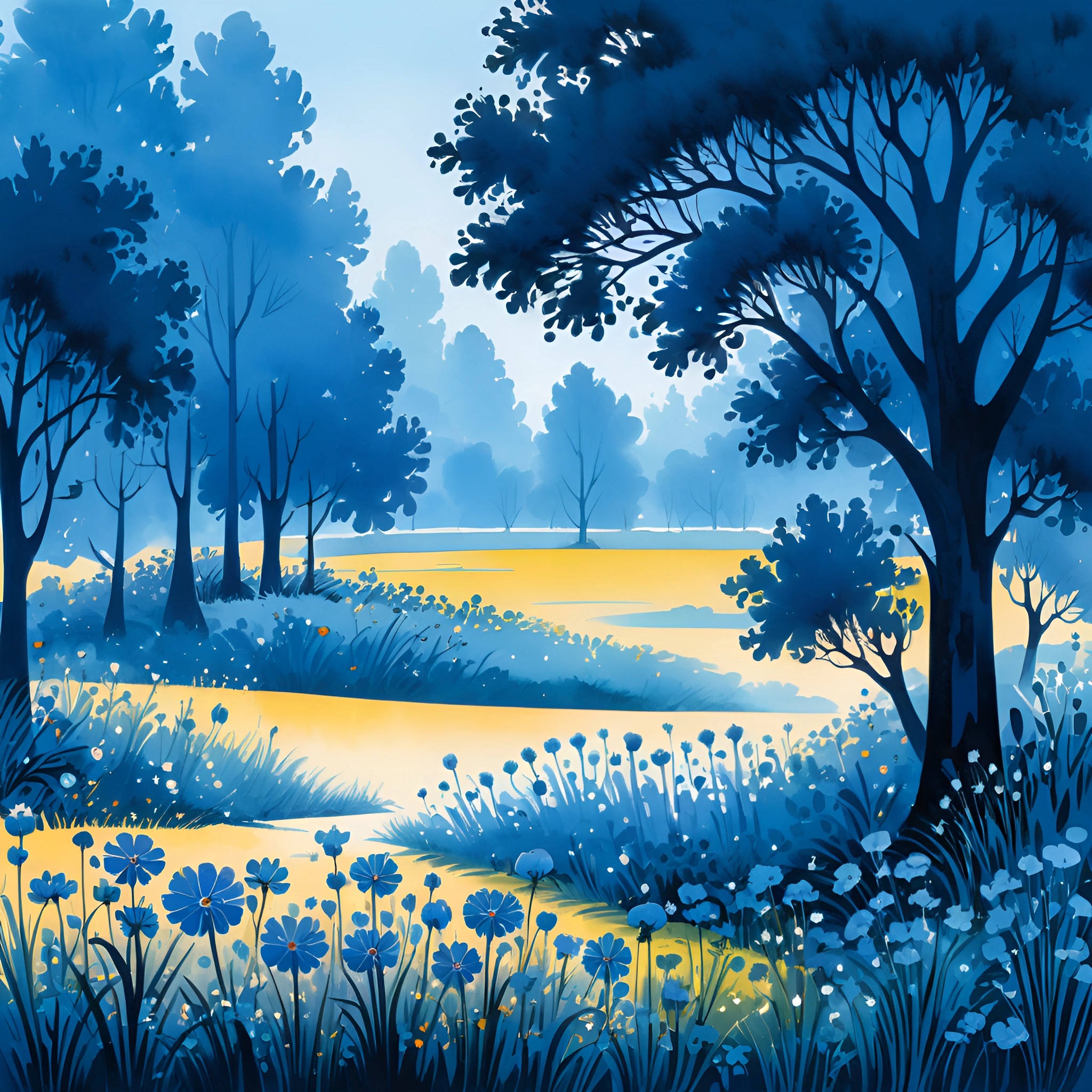 Serene Blue Landscape with Trees and Flowers - Free Download - AI Scribbles