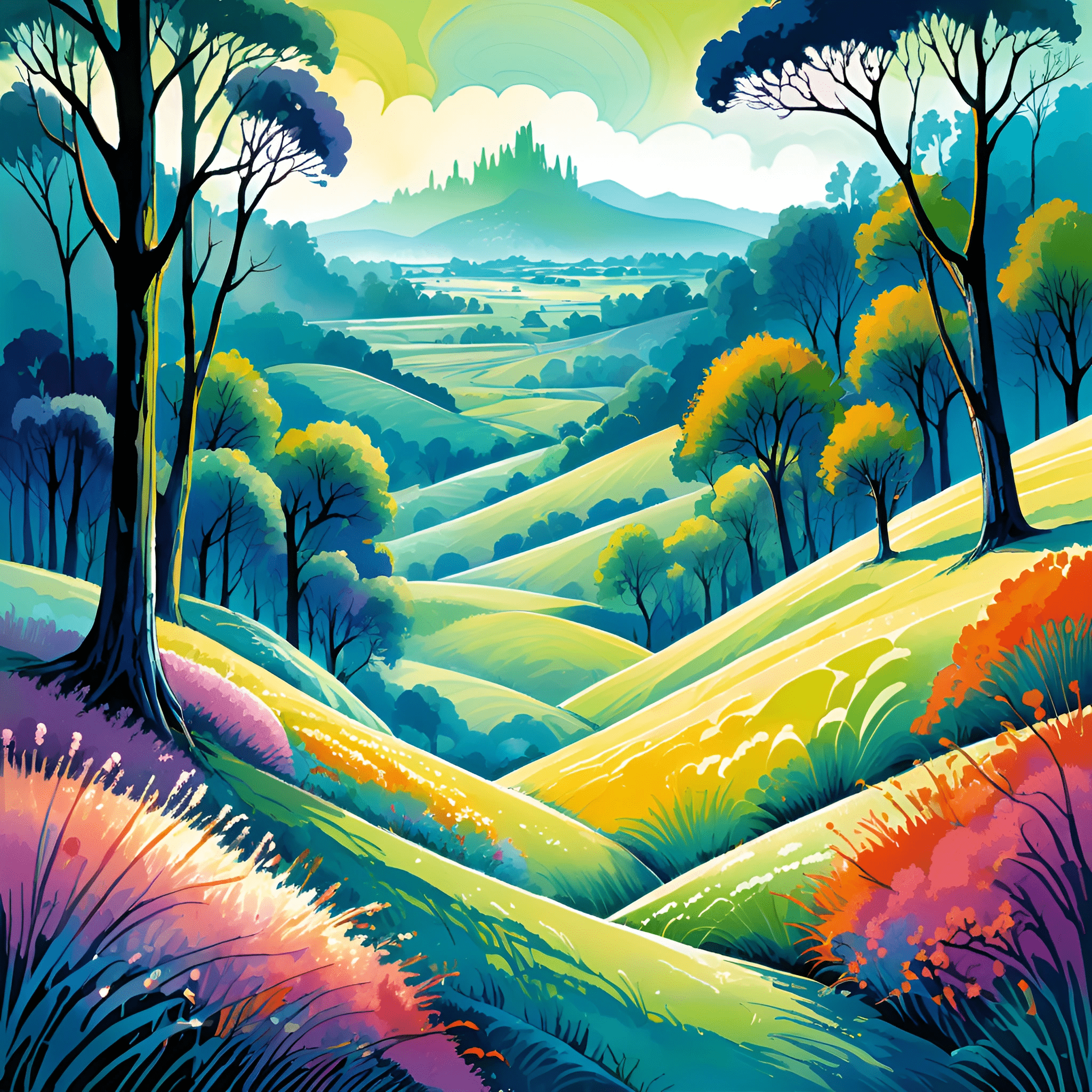 Vibrant Fantasy Landscape Painting - Free Download - AI Scribbles