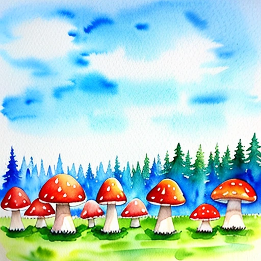 painting of a group of mushrooms in a field with trees in the background