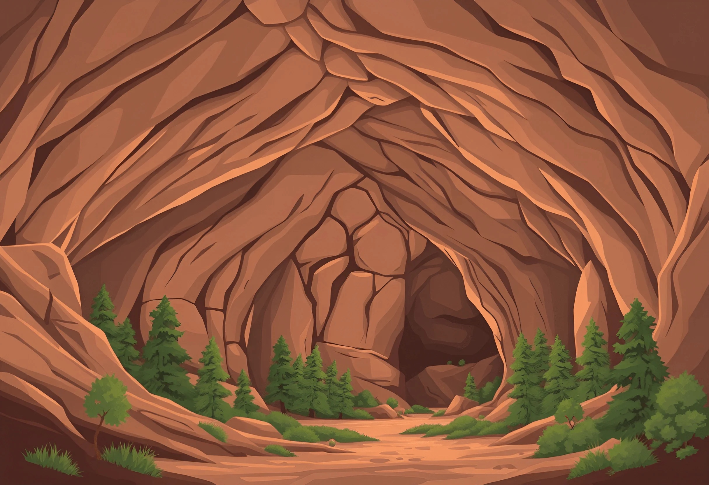 Rocky Cave Entrance with Pine Trees - Free Download - AI Scribbles