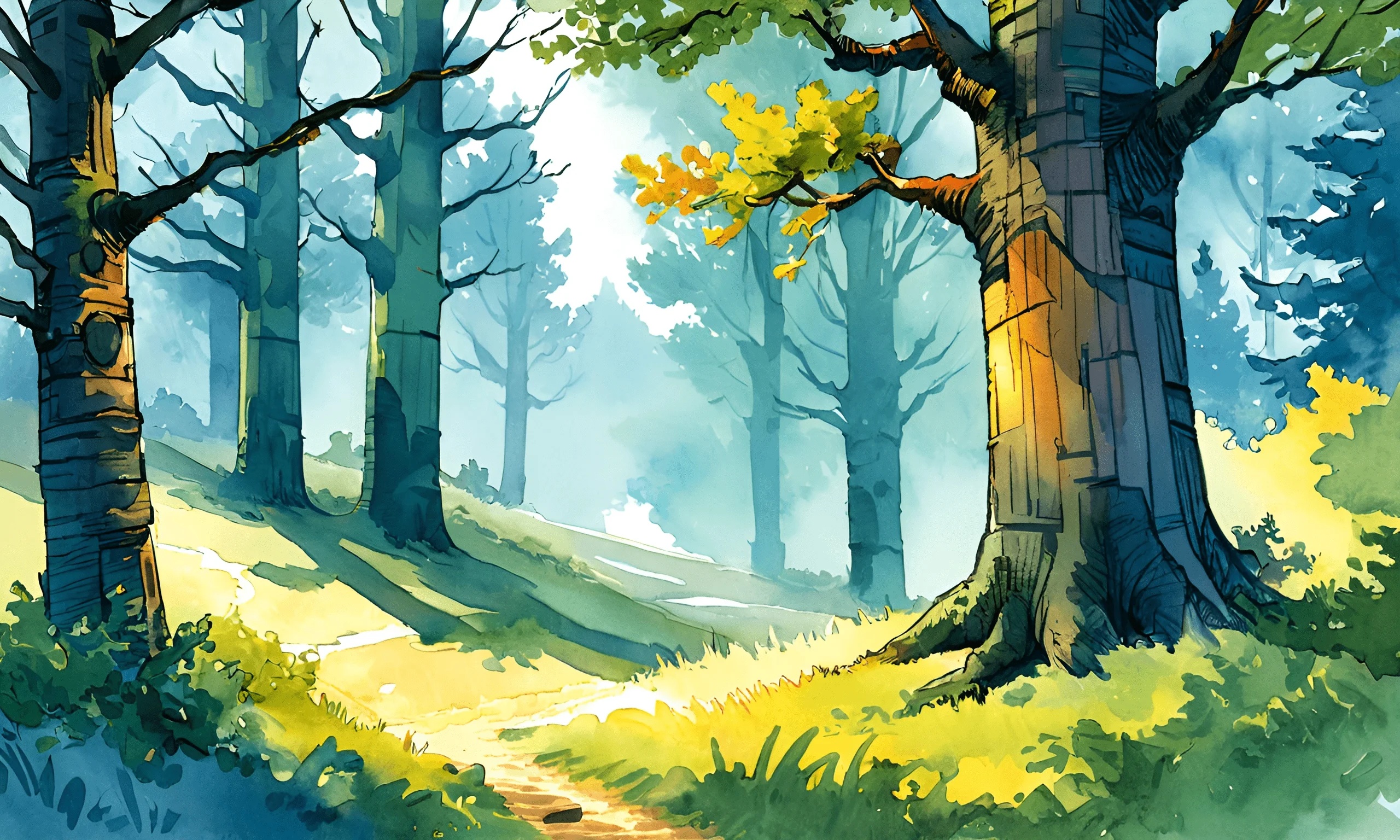 Sunlit Forest Path with Tall Trees - Free Download - AI Scribbles