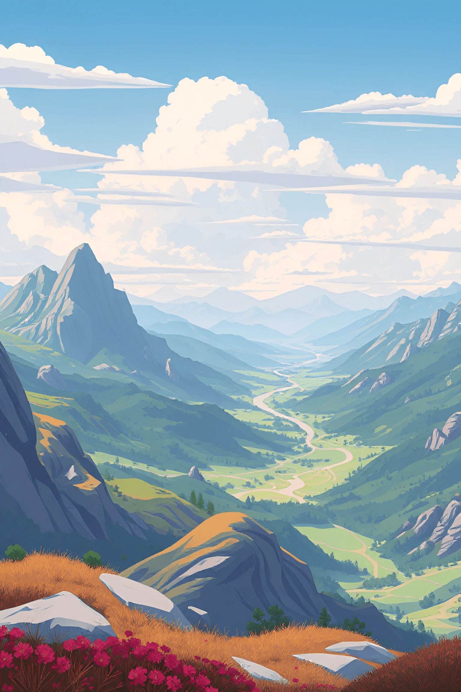 Mountain Valley Landscape with River - Free Download - AI Scribbles
