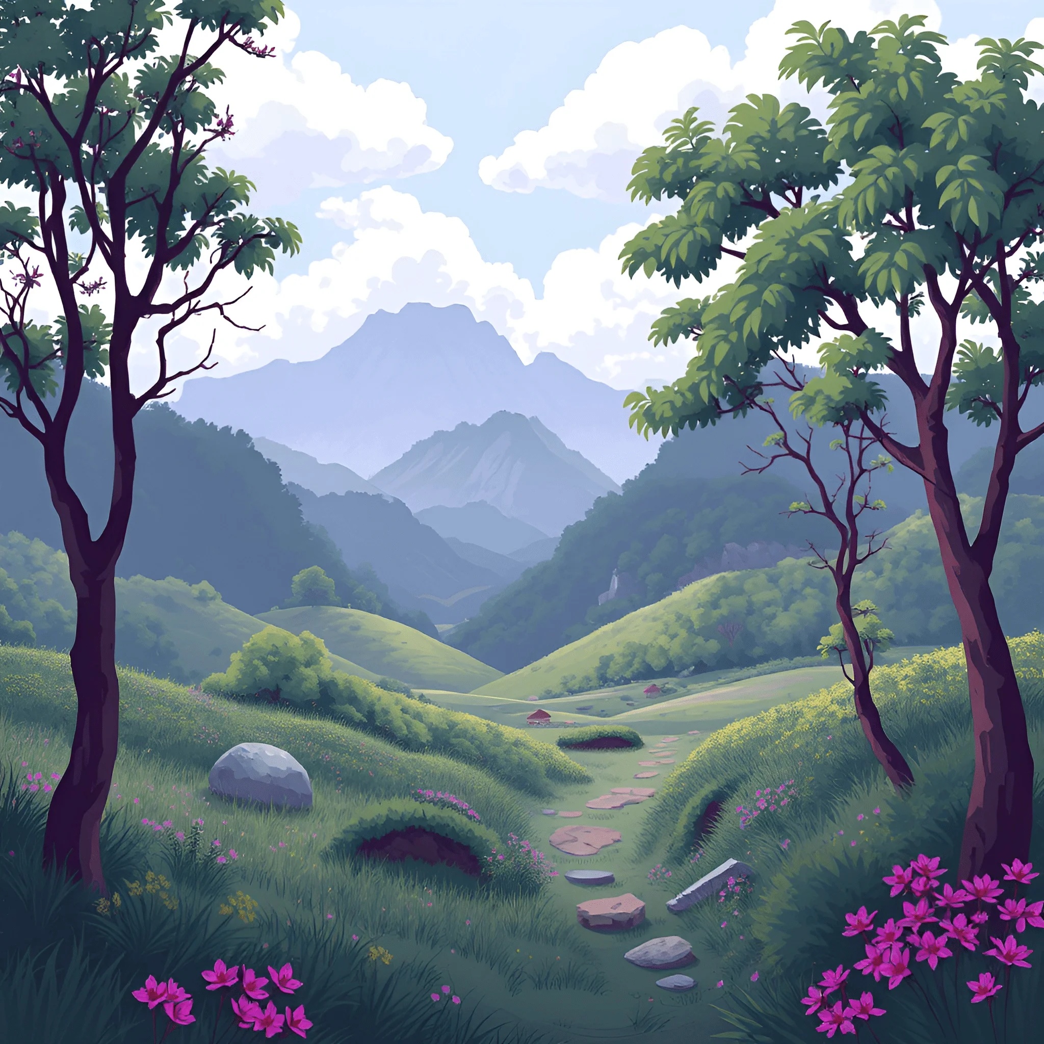 Mountain Valley Landscape with Flowering Pathway - Free Download - AI ...