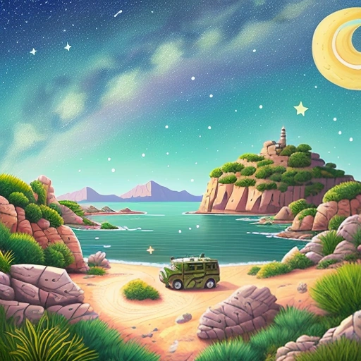 a painting of a car driving on a beach near a body of water