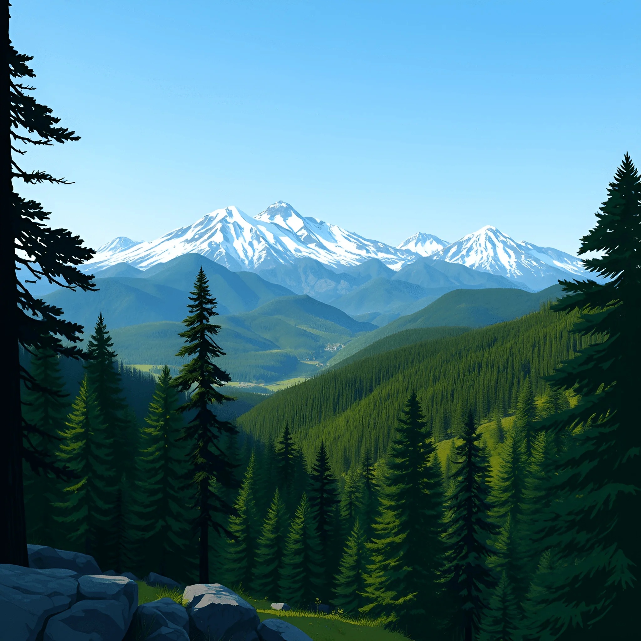 Snow-Capped Mountain Range with Pine Forests - Free Download - AI Scribbles