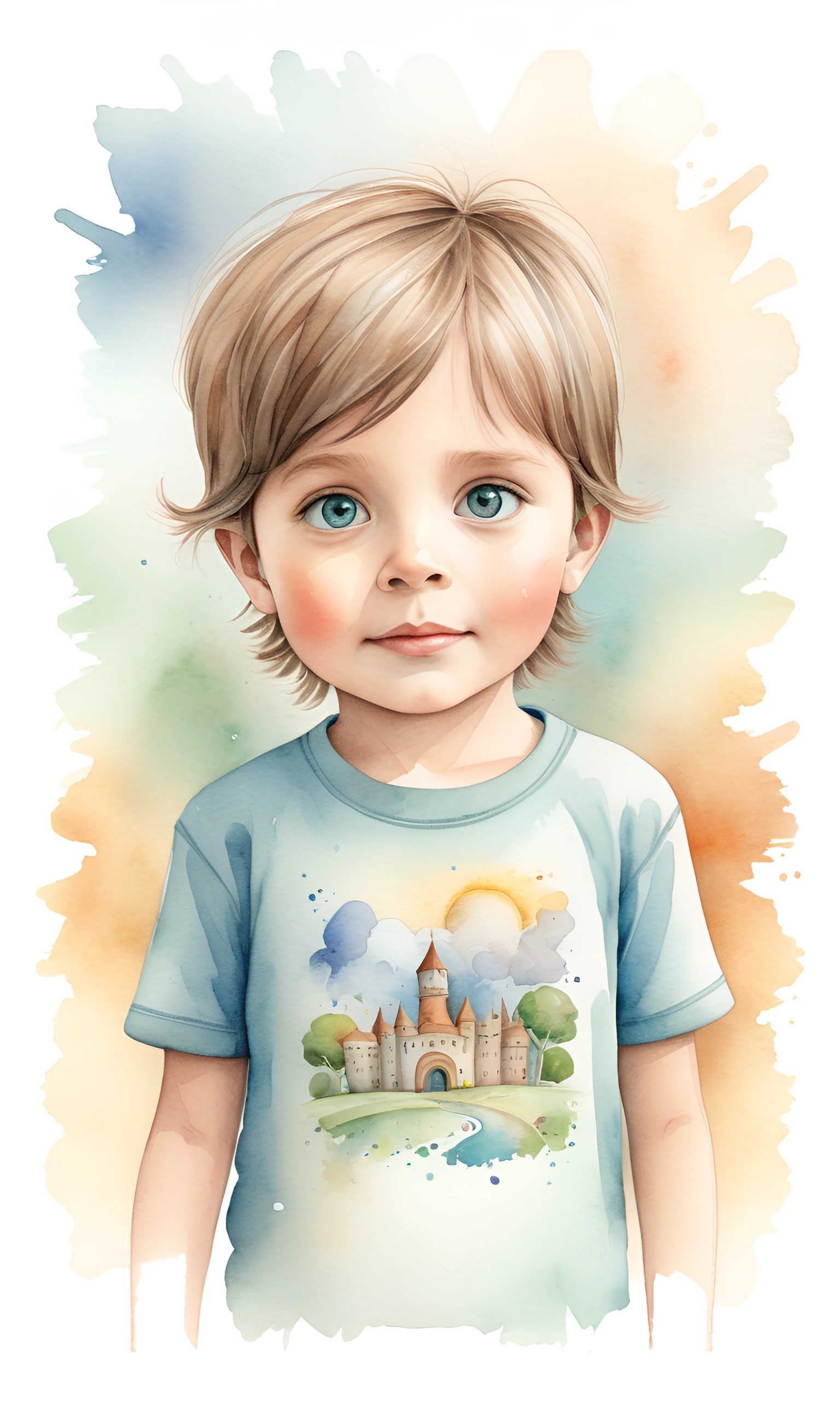 painting of a young boy with a blue shirt and a castle
