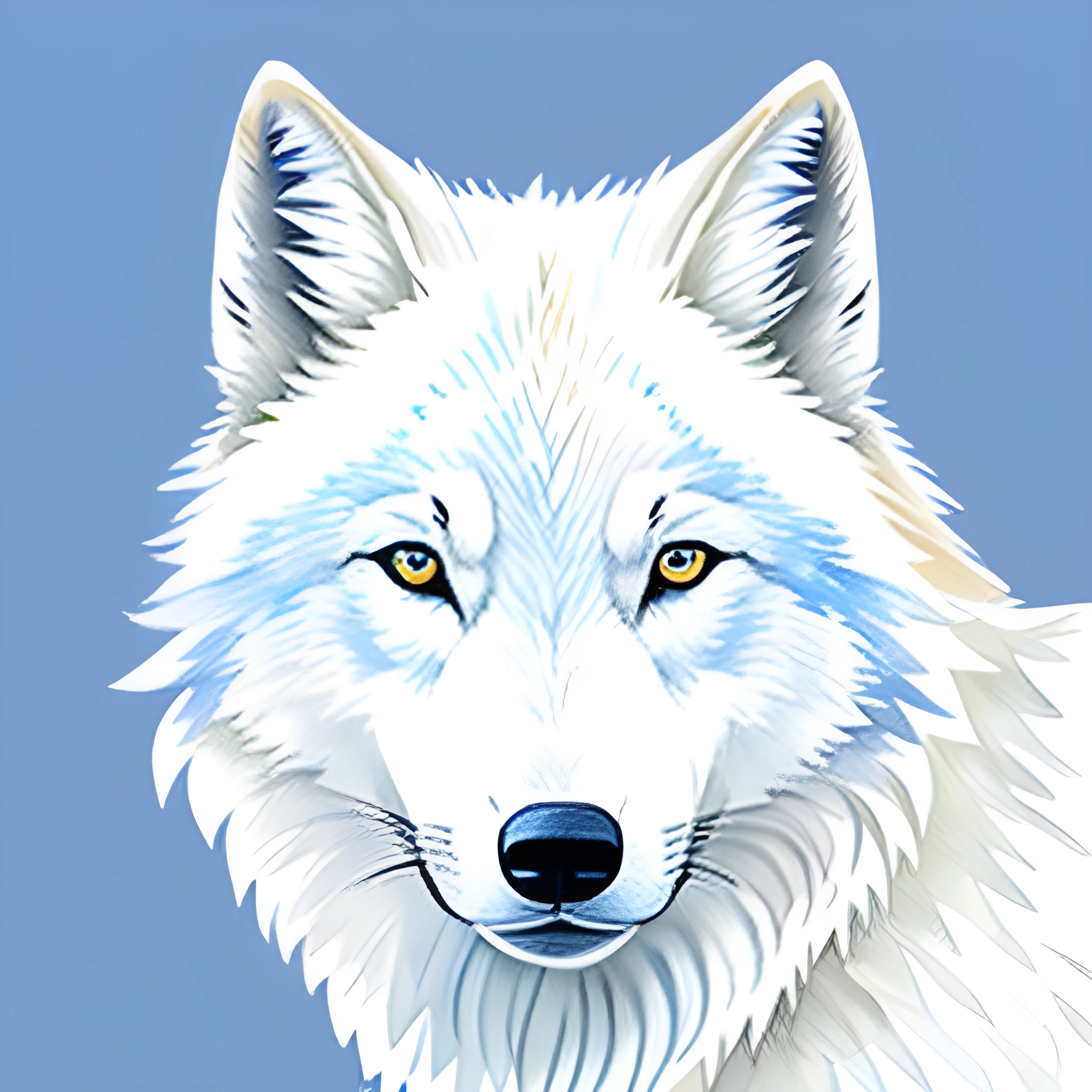 a white wolf with yellow eyes and a blue background
