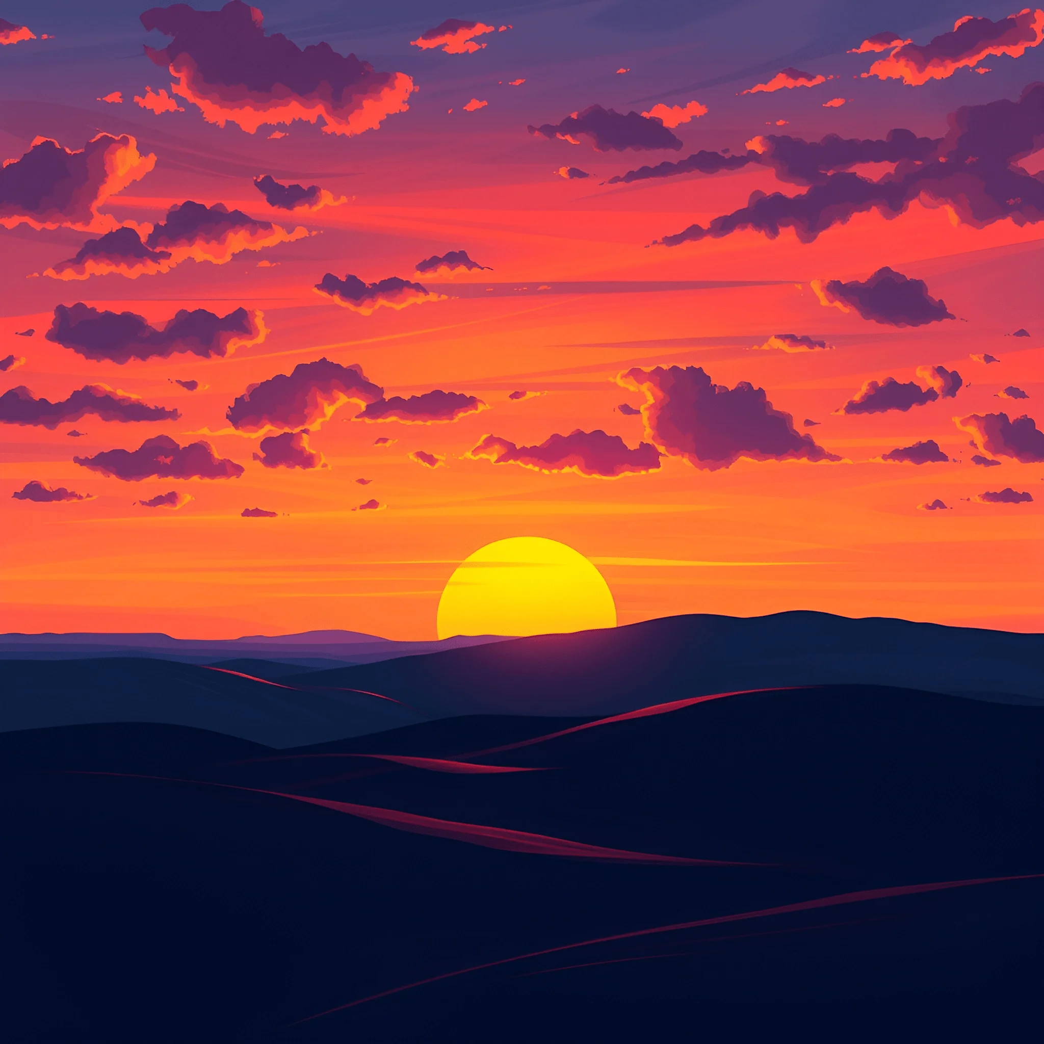 Digital Illustration of Sunset Over Rolling Hills - Free Download - AI ...