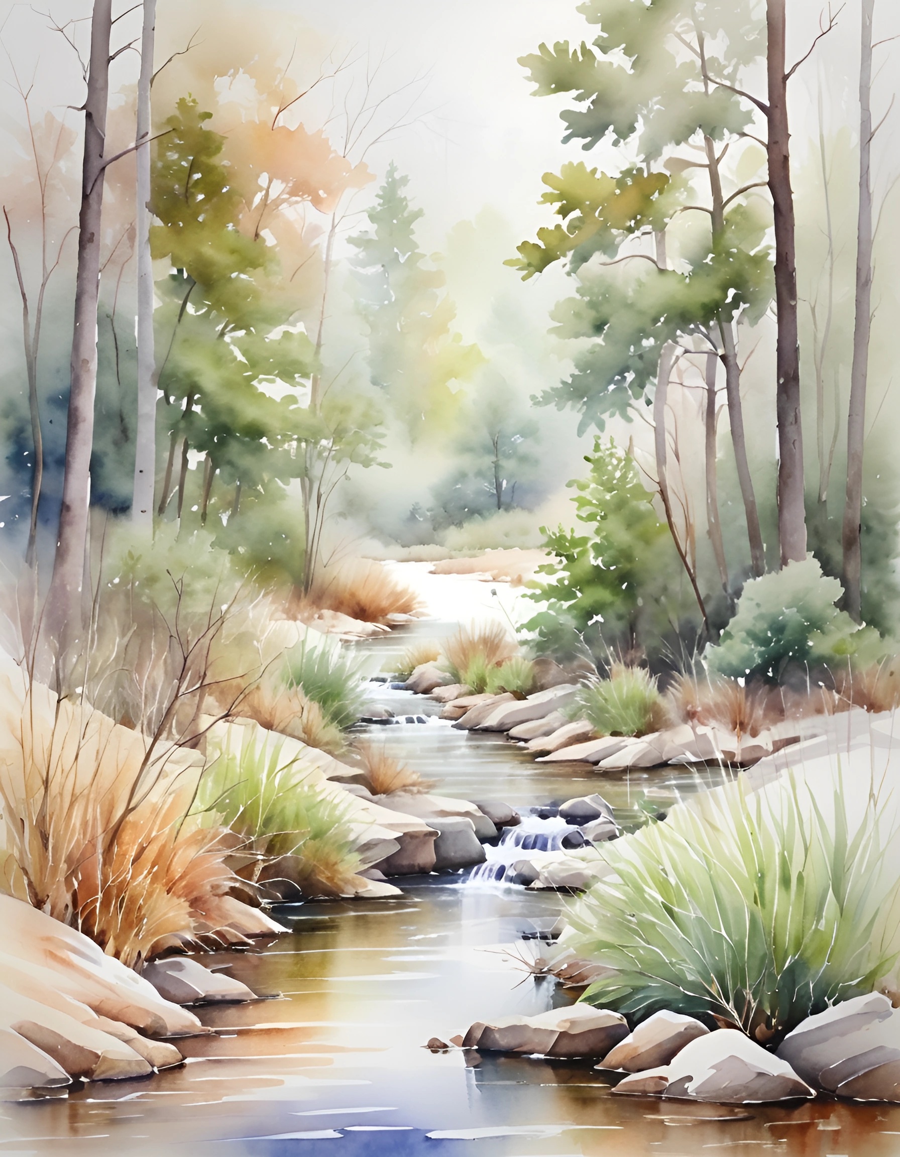 Watercolour Stream Tranquil Stream in a Watercolor Forest Landscape - Free Download - AI ...
